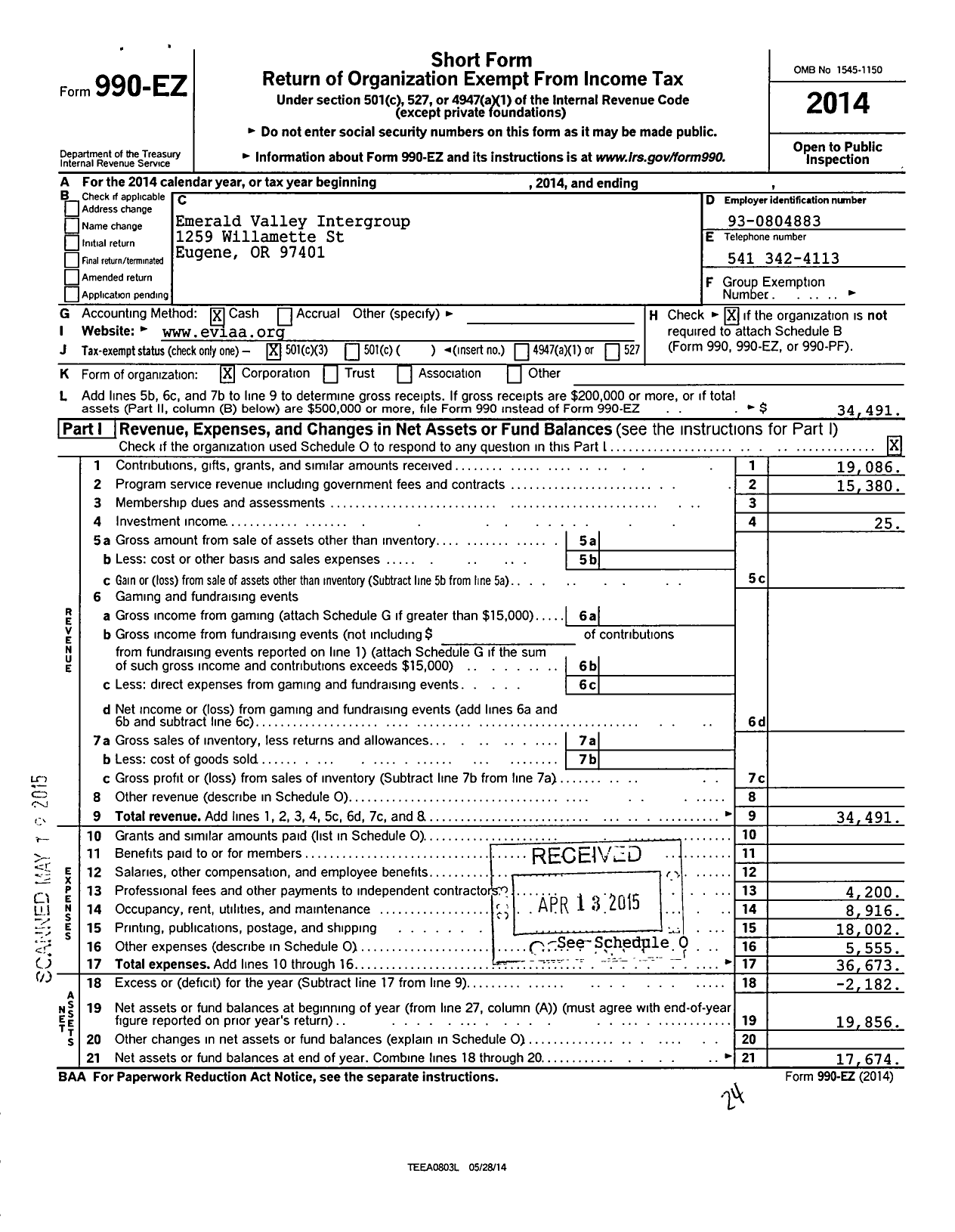 Image of first page of 2014 Form 990EZ for Emerald Valley Intergroup