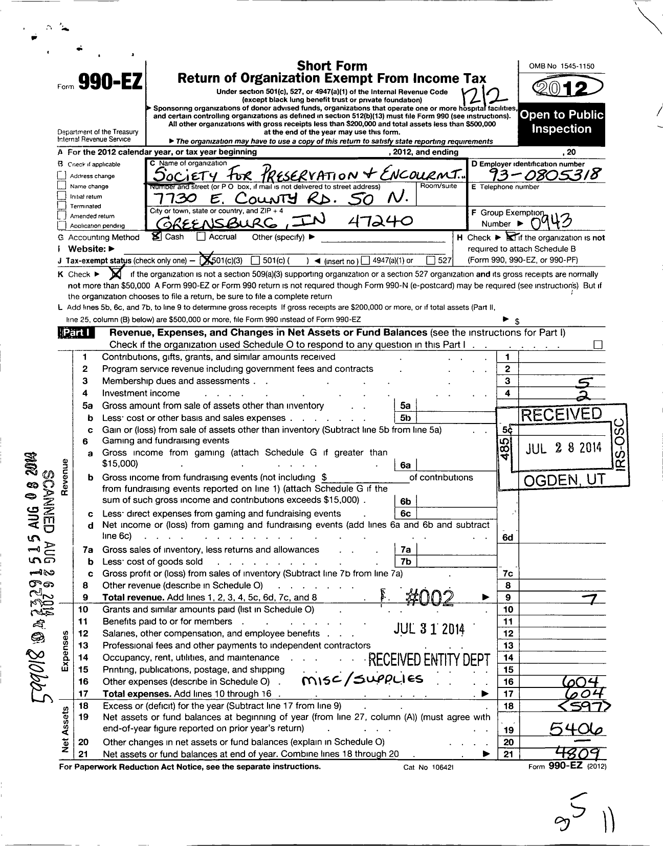 Image of first page of 2012 Form 990EZ for Barbershop Harmony Society - F010 Greensburg