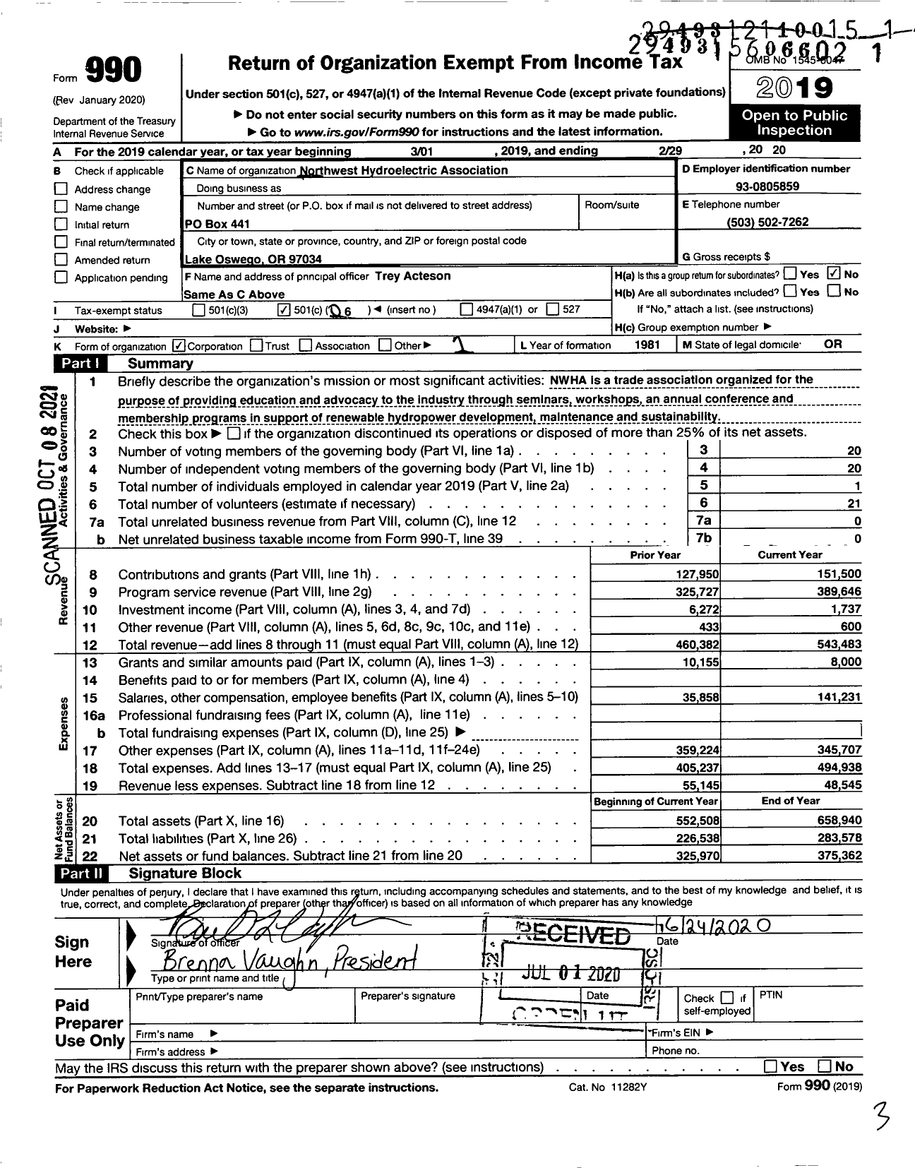 Image of first page of 2019 Form 990O for Northwest Hydroelectric Association