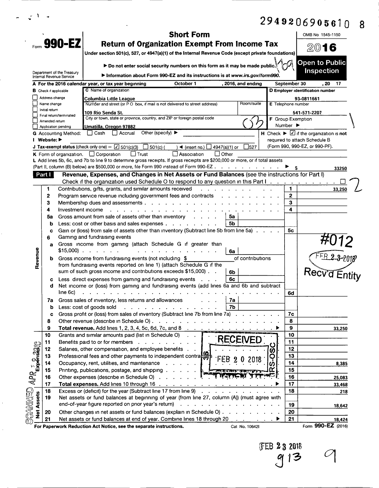 Image of first page of 2016 Form 990EZ for Little League Baseball - 4370509 Columbia LL