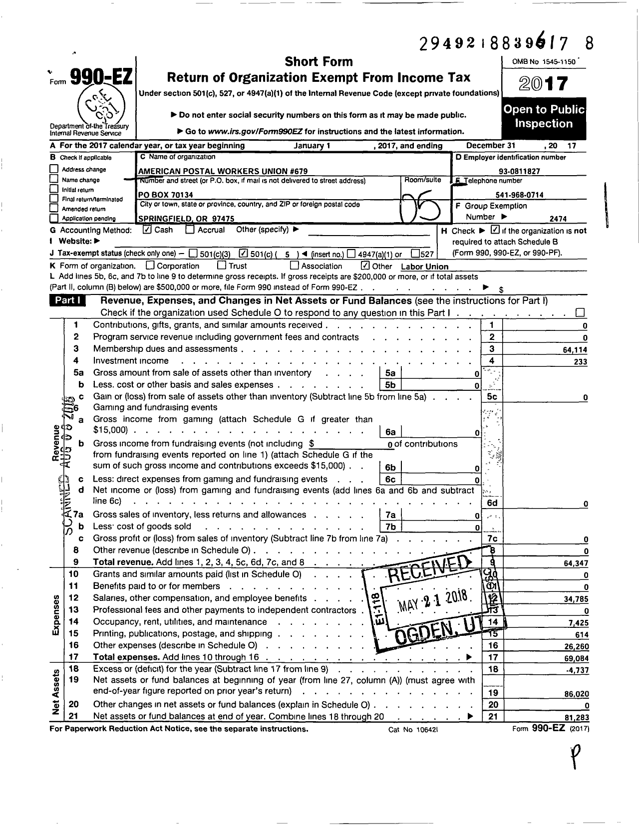 Image of first page of 2017 Form 990EO for American Postal Workers Union - 679 Eugene Area Local