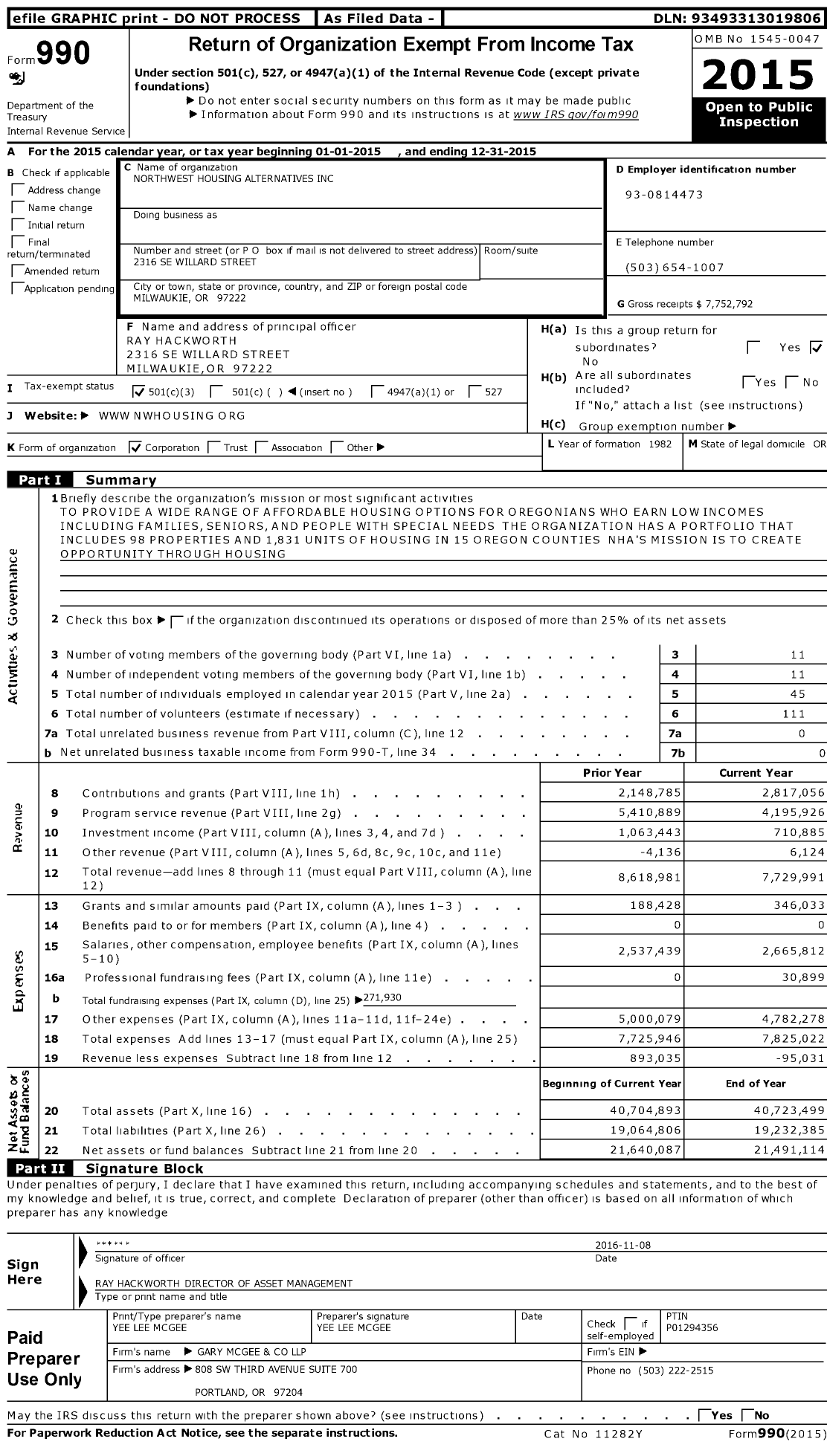 Image of first page of 2015 Form 990 for Northwest Housing Alternatives (NHA)