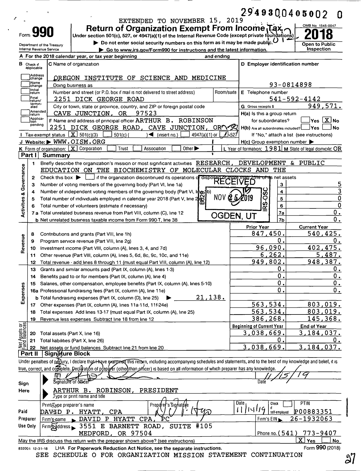 Image of first page of 2018 Form 990 for Oregon Institute of Science and Medicine