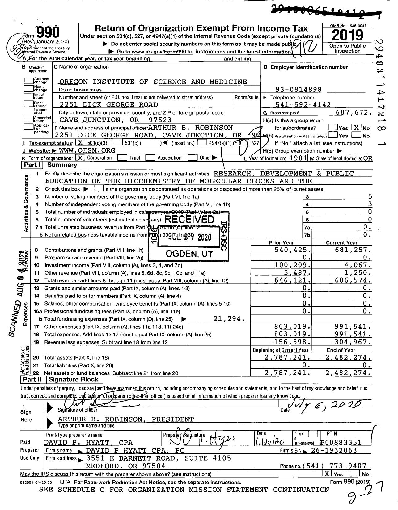 Image of first page of 2019 Form 990 for Oregon Institute of Science and Medicine