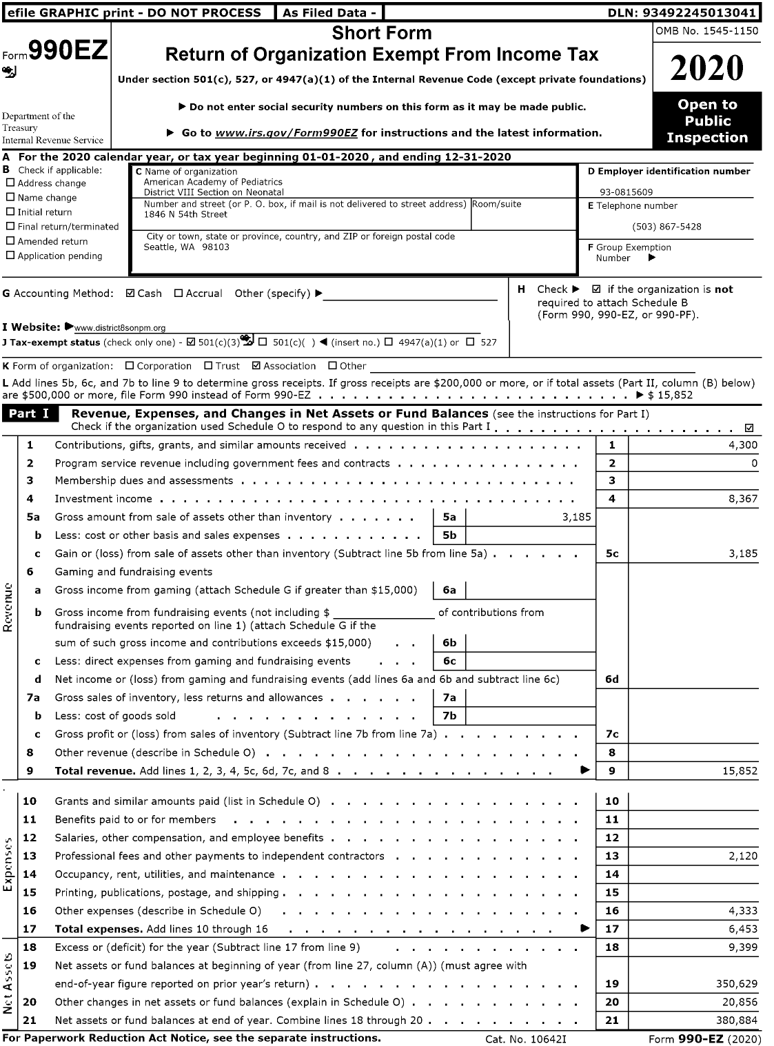 Image of first page of 2020 Form 990EZ for American Academy of Pediatrics District District VIII Section on Neonatal