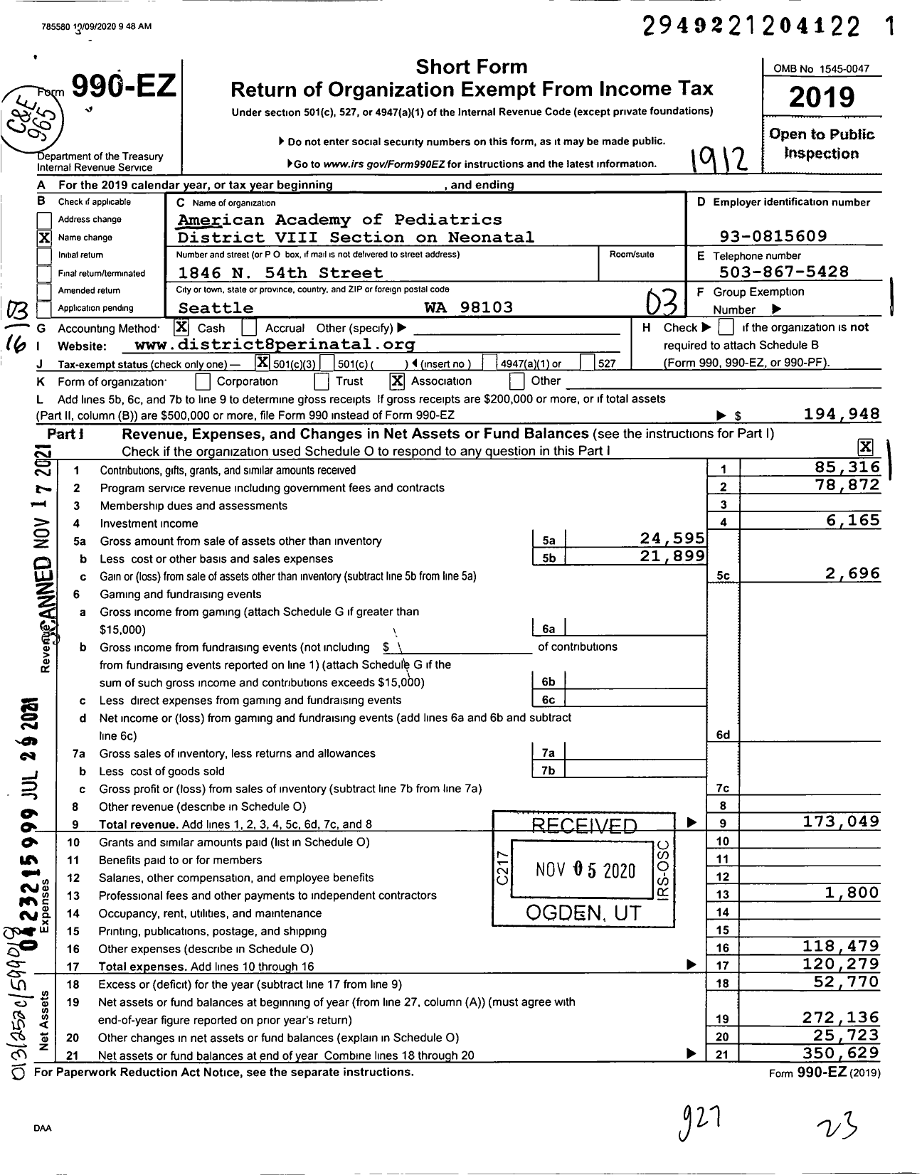 Image of first page of 2019 Form 990EZ for American Academy of Pediatrics District District VIII Section on Neonatal