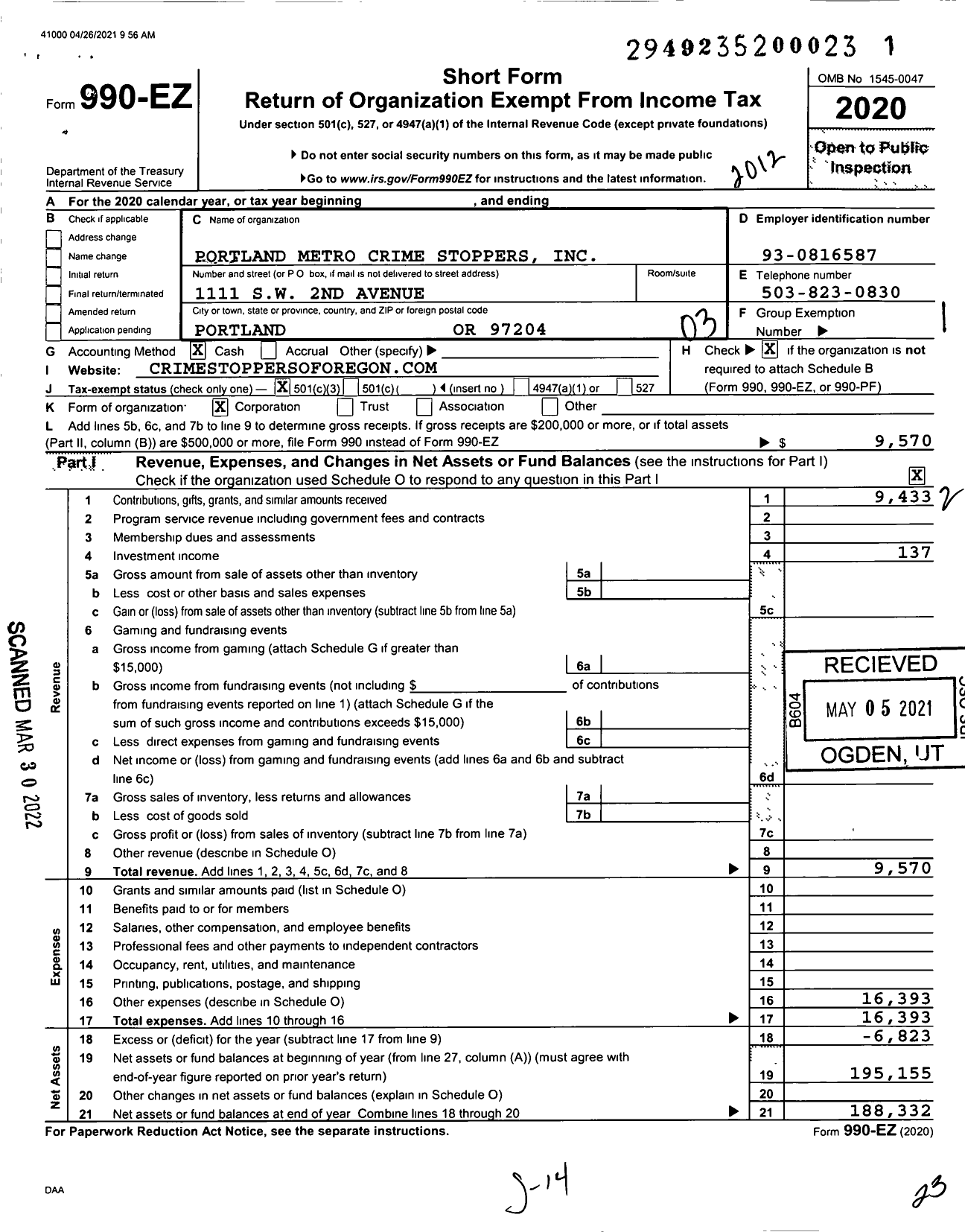 Image of first page of 2020 Form 990EZ for Portland Metro Crime Stoppers