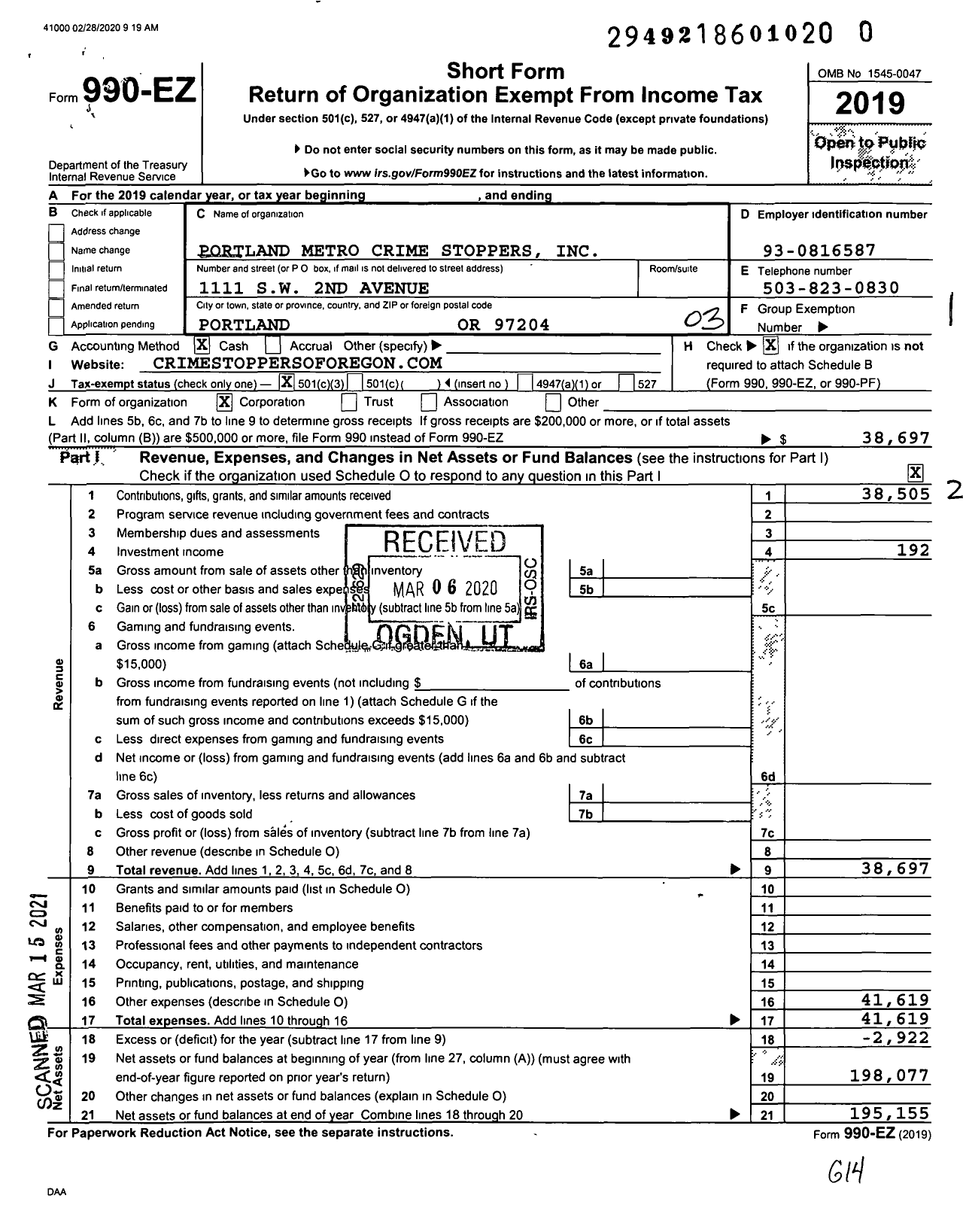 Image of first page of 2019 Form 990EZ for Portland Metro Crime Stoppers