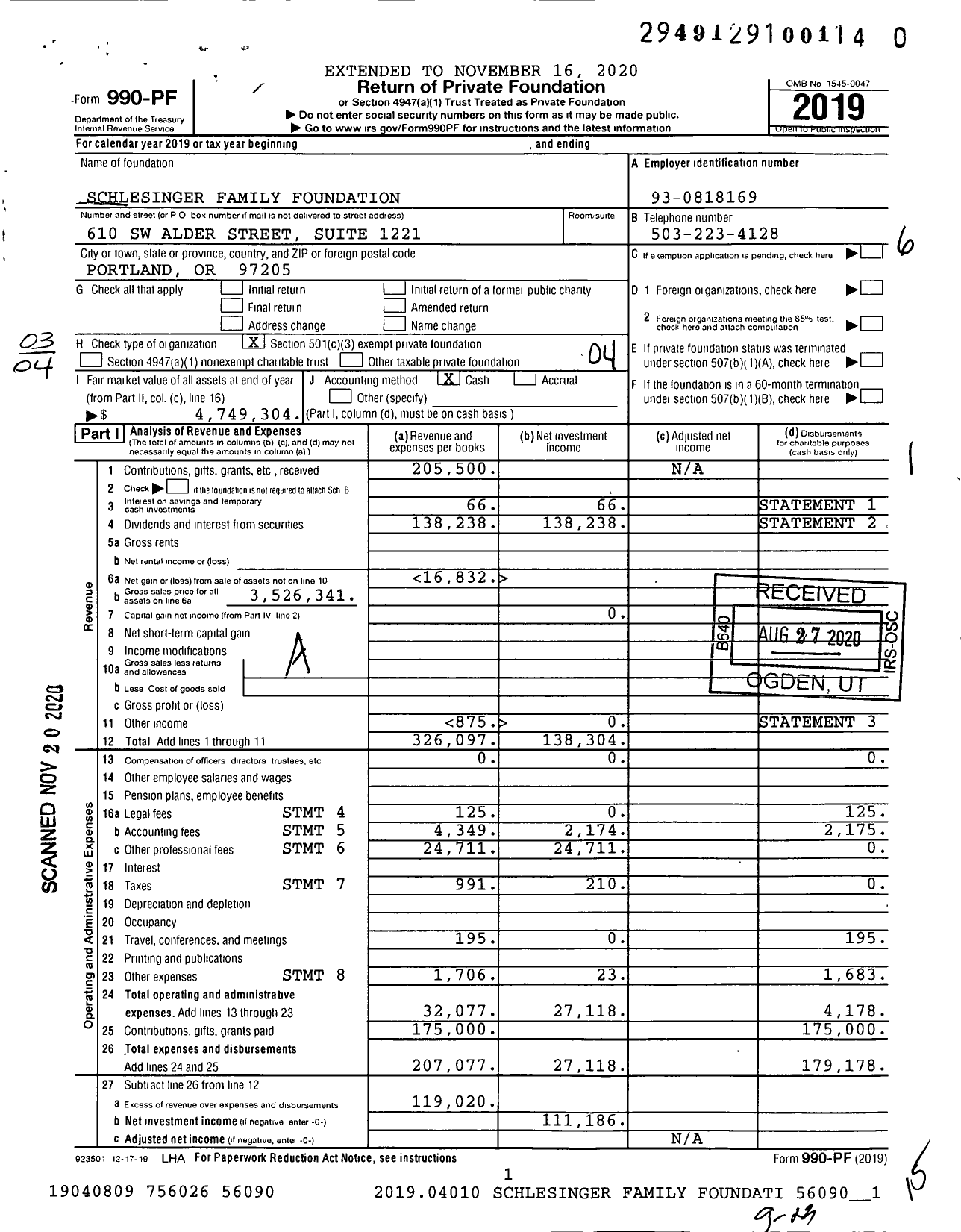 Image of first page of 2019 Form 990PF for Schlesinger Family Foundation