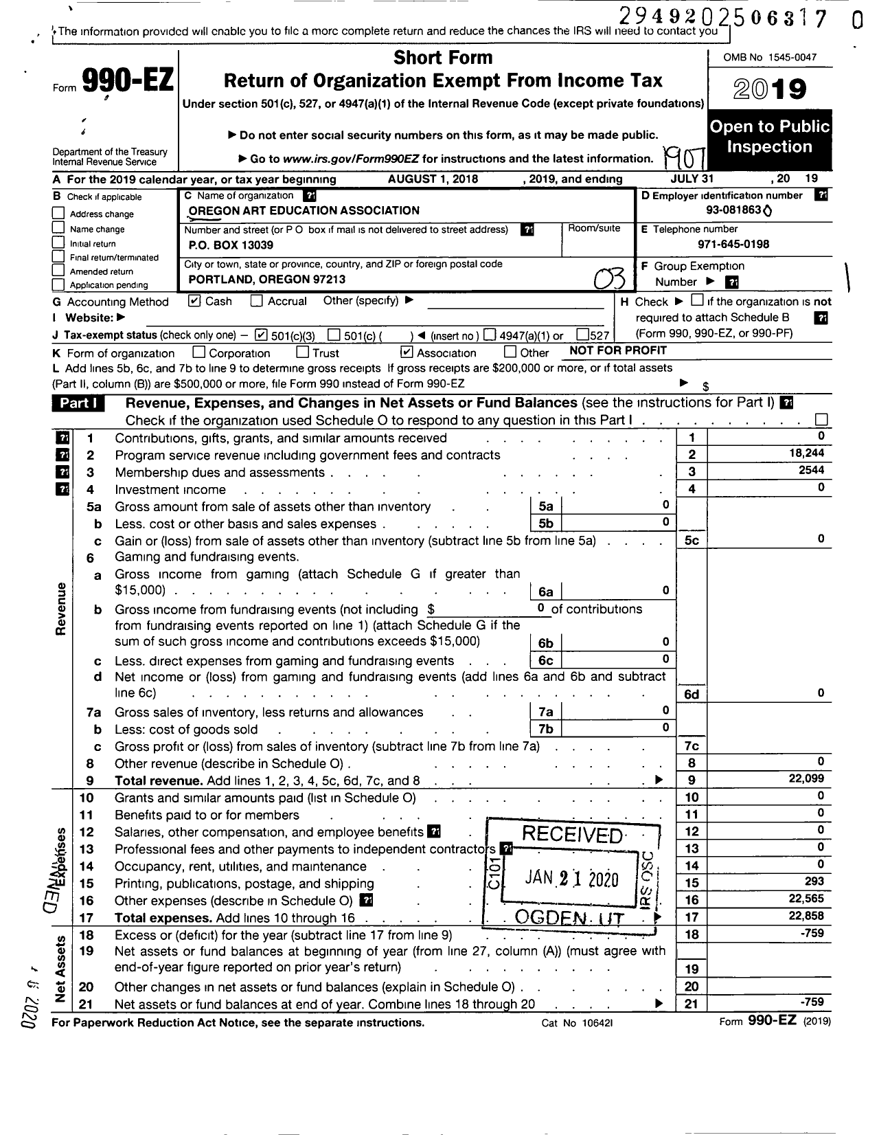 Image of first page of 2018 Form 990EZ for Oregon Art Educaiton Association