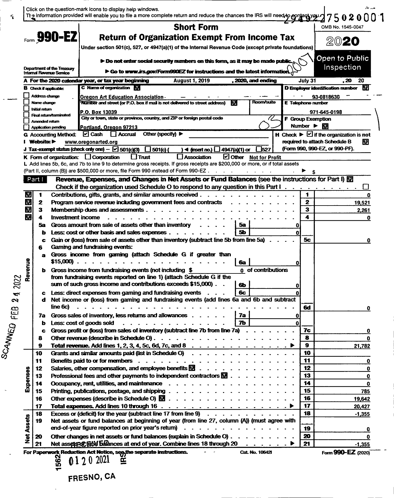 Image of first page of 2019 Form 990EZ for Oregon Art Educaiton Association