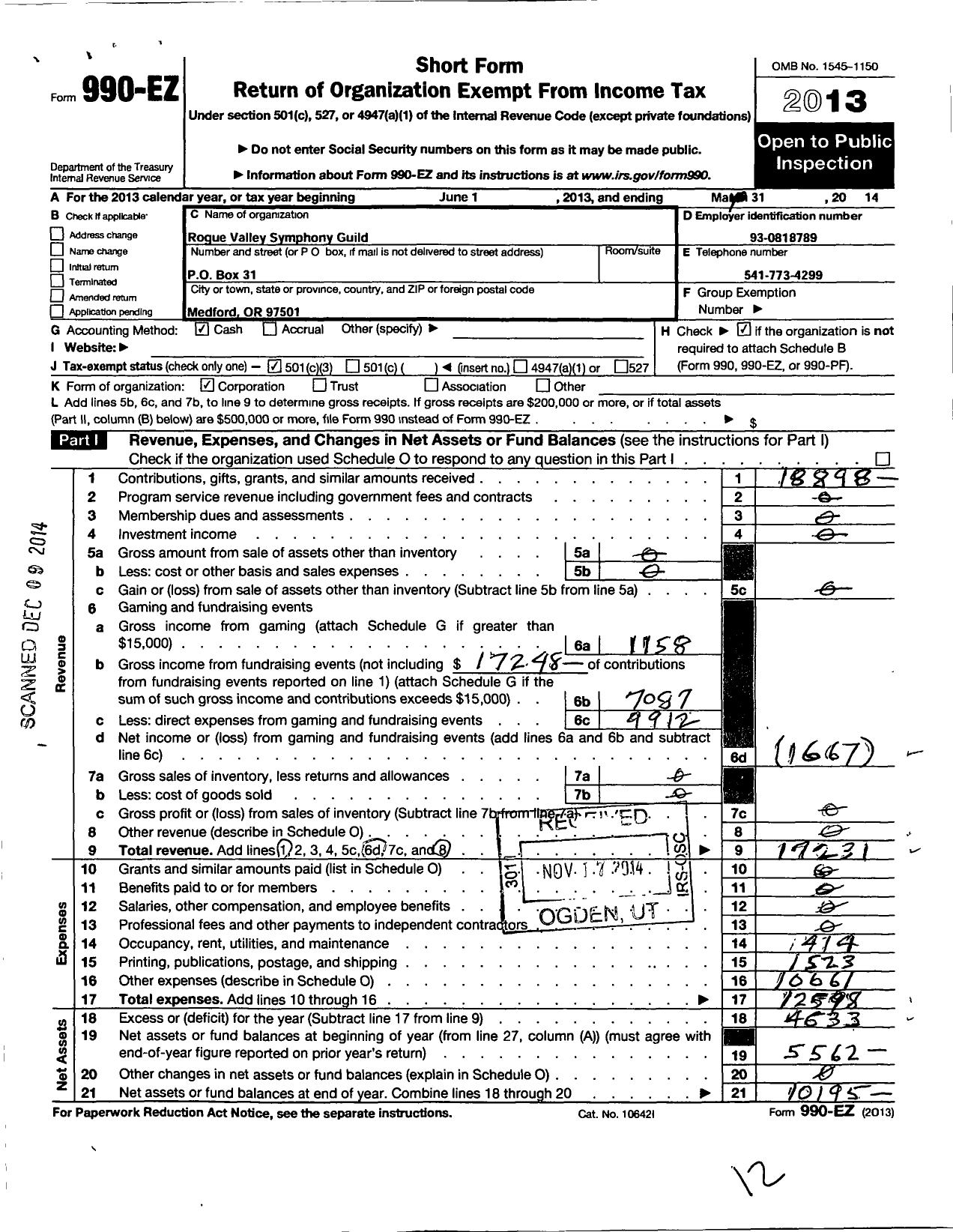 Image of first page of 2013 Form 990EZ for Rogue Valley Symphony Guild