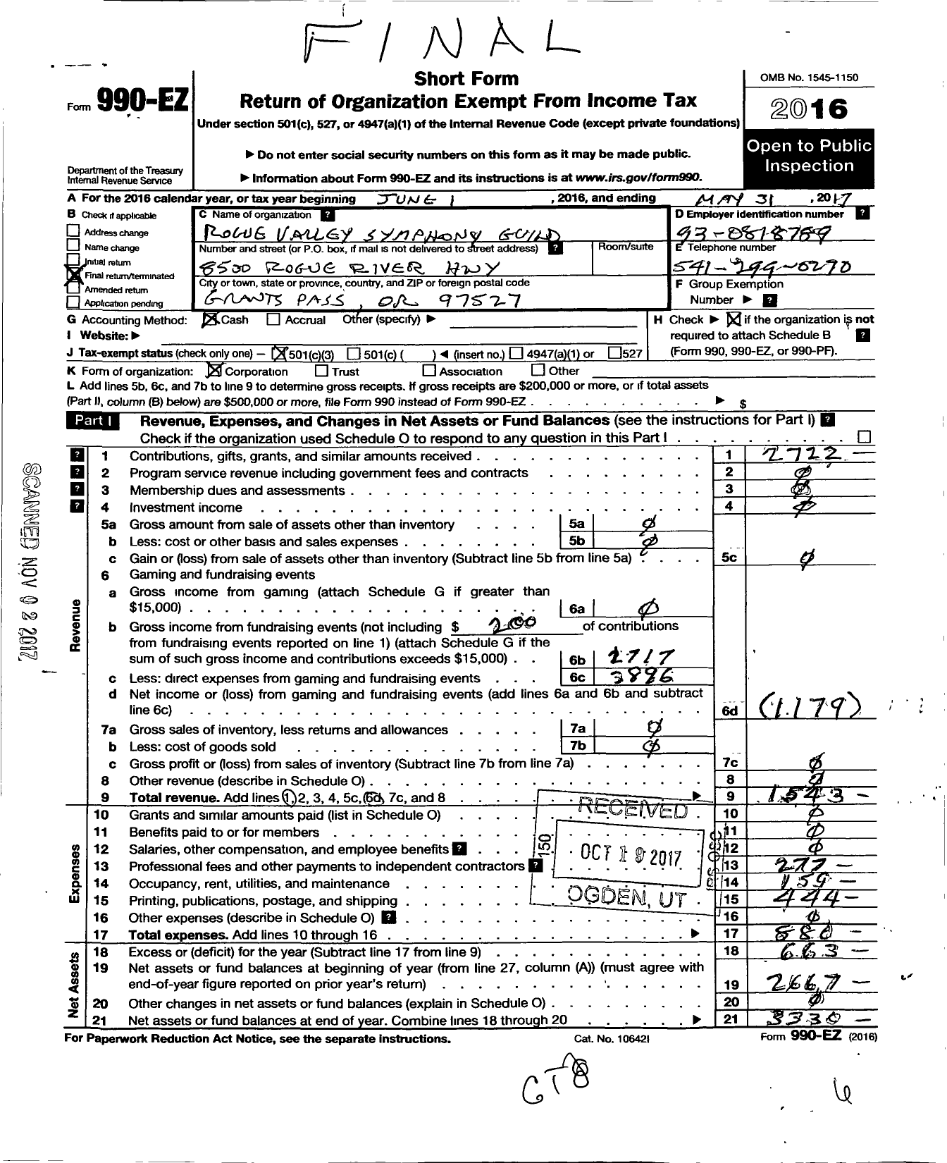 Image of first page of 2016 Form 990EZ for Rogue Valley Symphony Guild