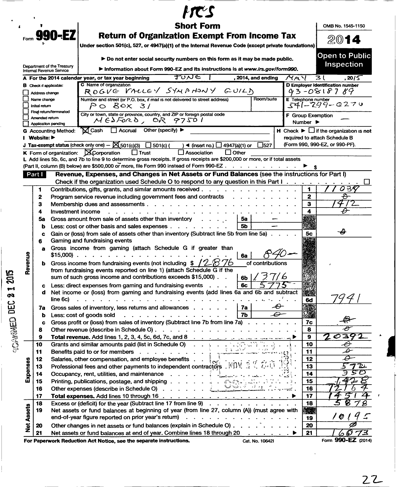 Image of first page of 2014 Form 990EZ for Rogue Valley Symphony Guild