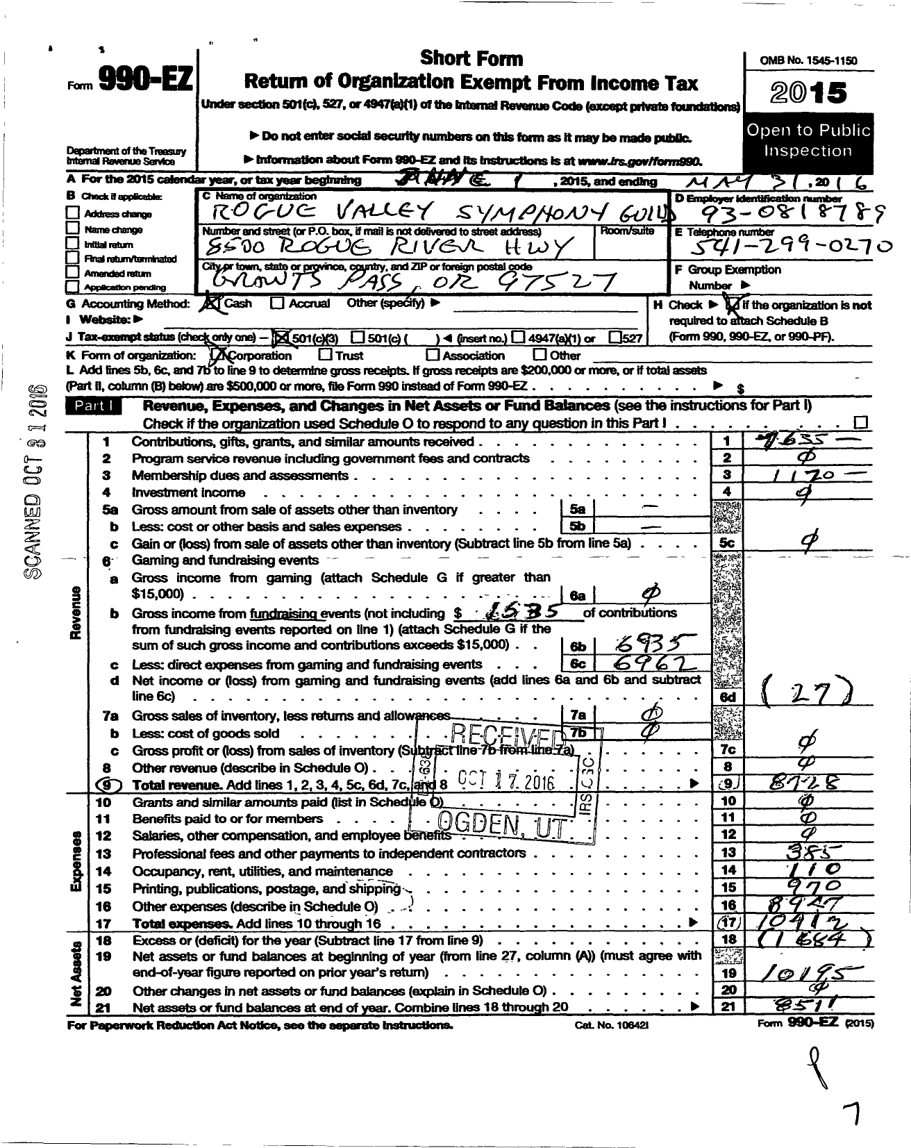 Image of first page of 2015 Form 990EZ for Rogue Valley Symphony Guild