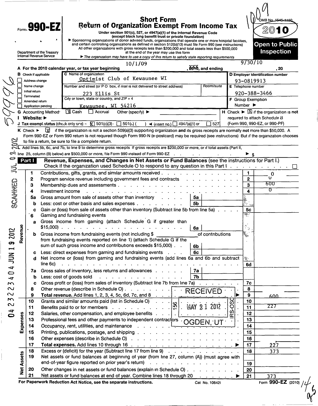 Image of first page of 2009 Form 990EZ for Optimist International - 23087 Oc of Kewaunee Wisconsin