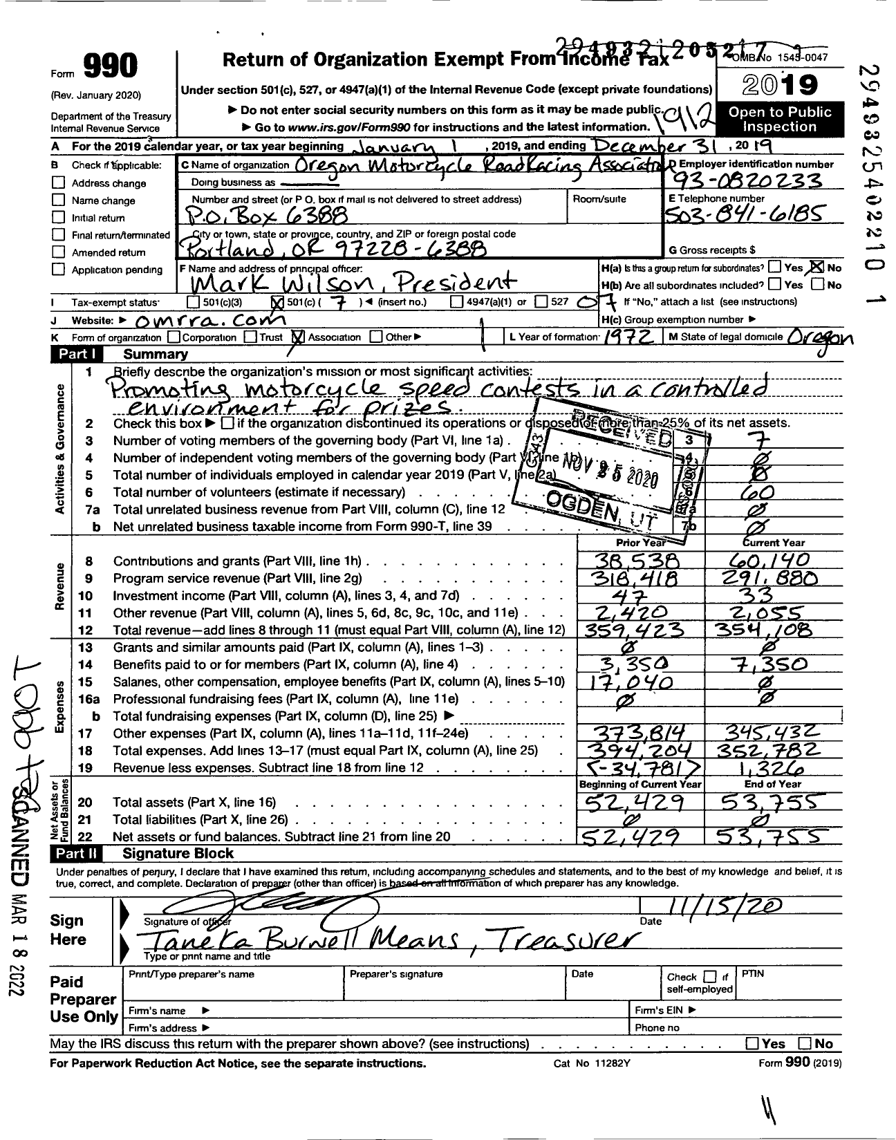 Image of first page of 2019 Form 990O for Oregon Motorcycle Road Racing Association (OMRRA)