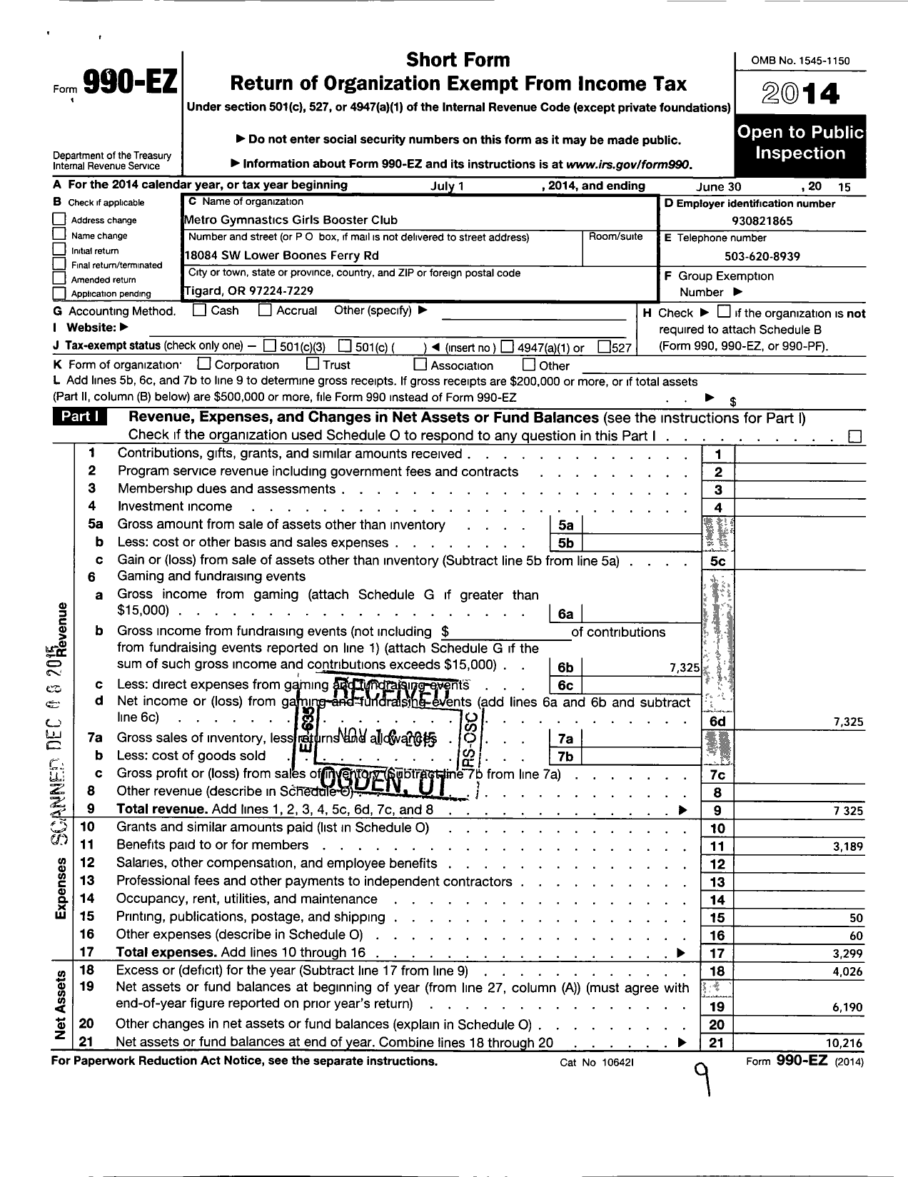 Image of first page of 2014 Form 990EO for Metro Gymnastics Girls Booster Club