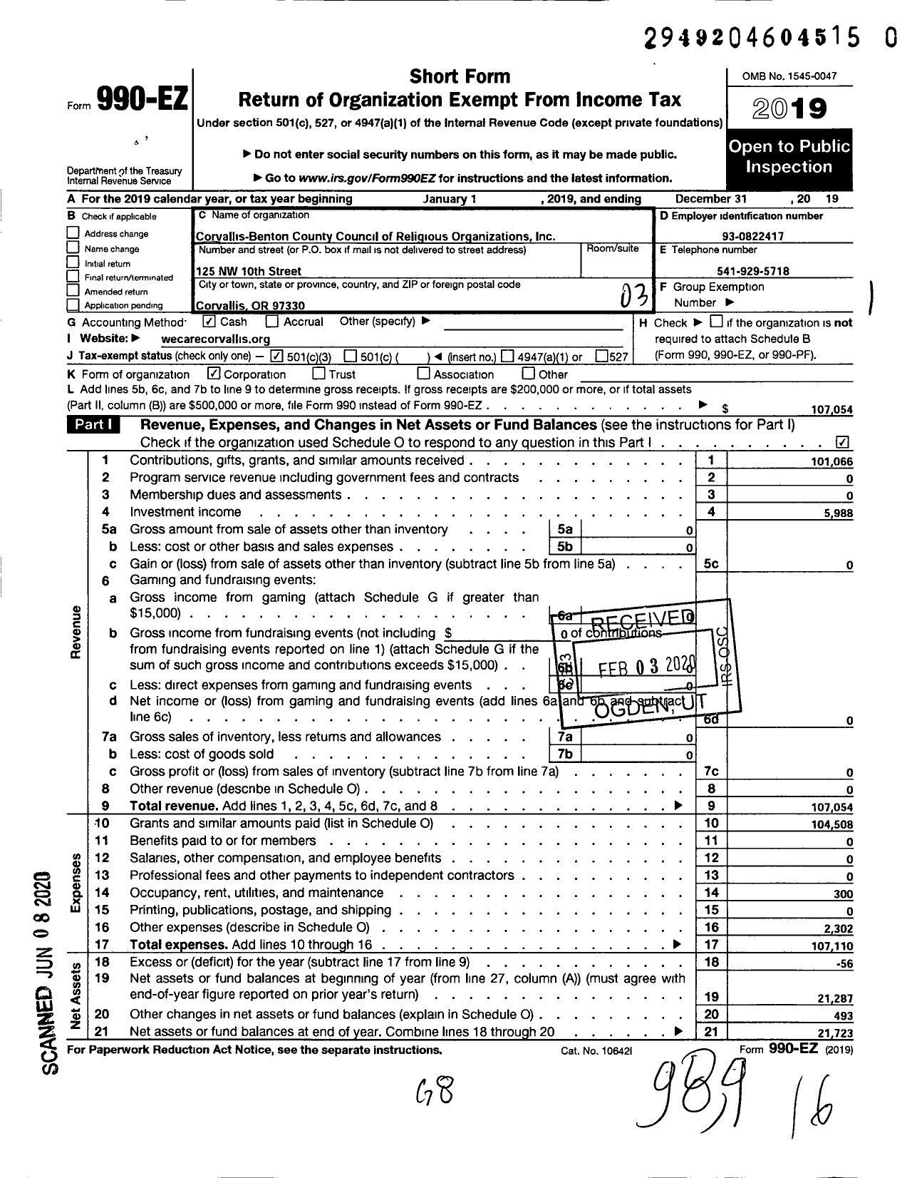 Image of first page of 2019 Form 990EZ for We Care