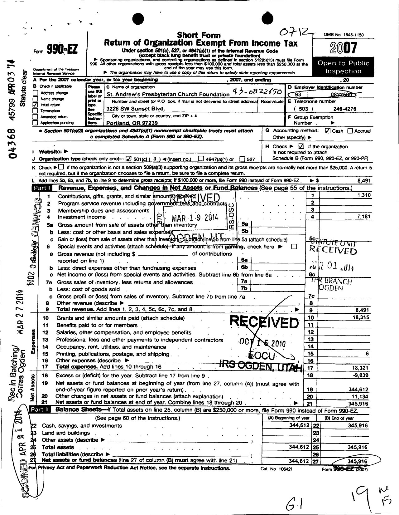 Image of first page of 2007 Form 990EZ for St Andrews Presbyterian Church Foundation