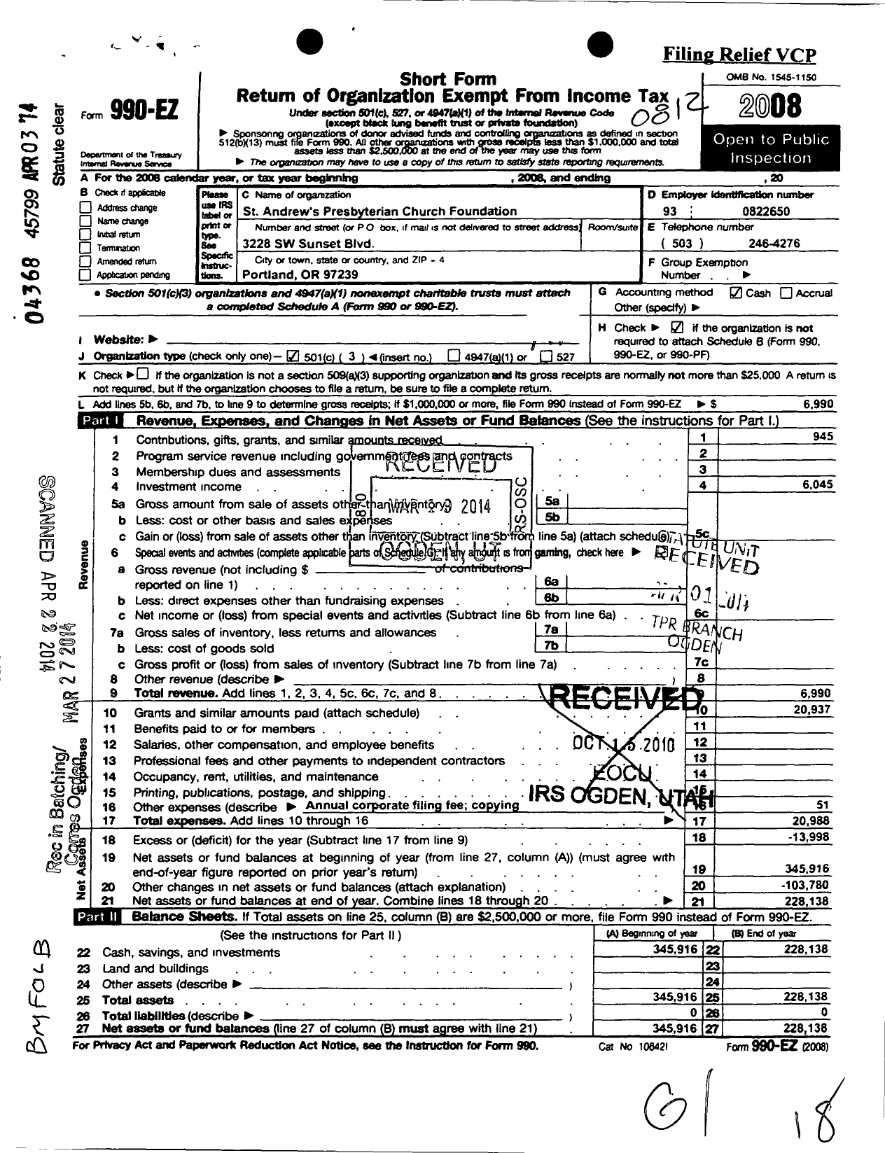 Image of first page of 2008 Form 990EZ for St Andrews Presbyterian Church Foundation