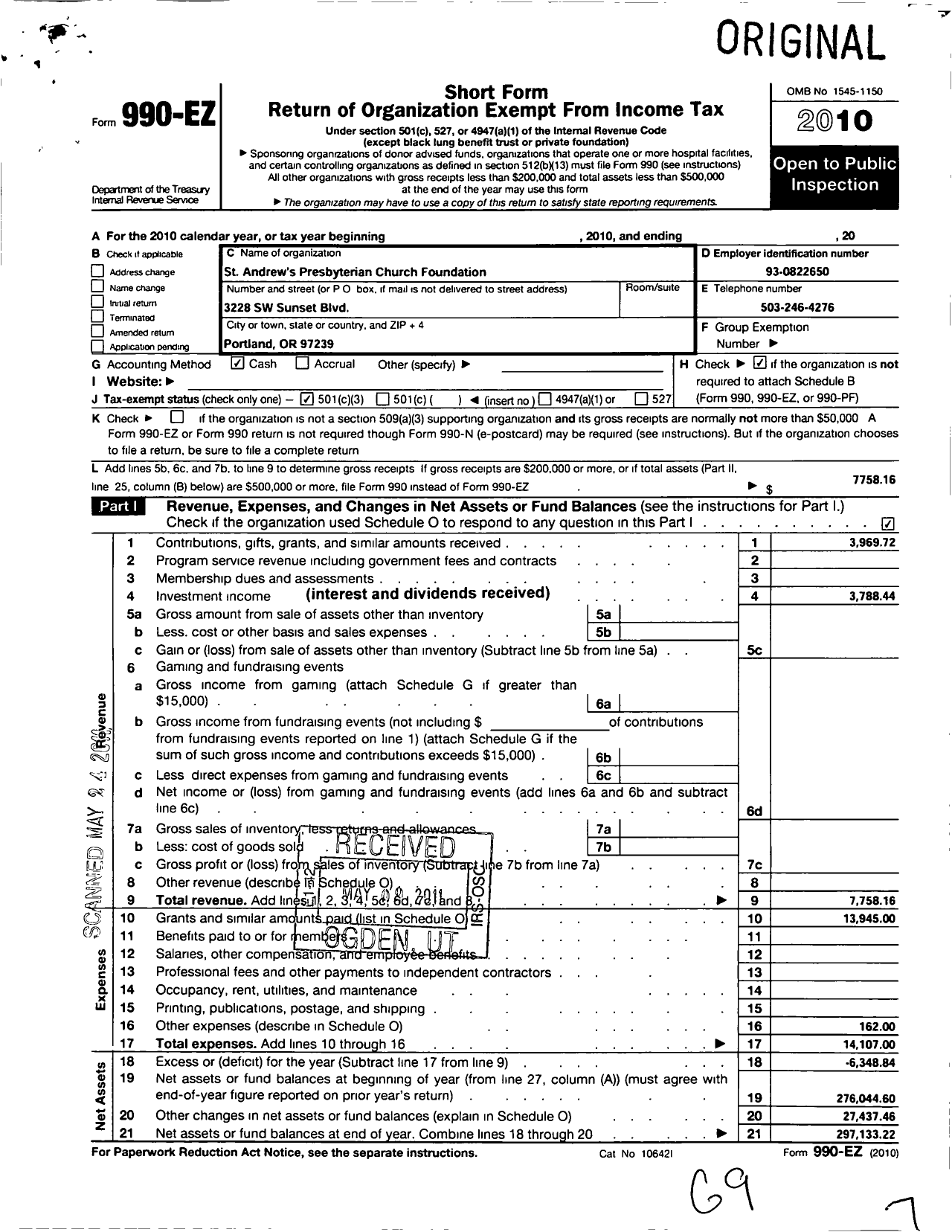 Image of first page of 2010 Form 990EZ for St Andrews Presbyterian Church Foundation