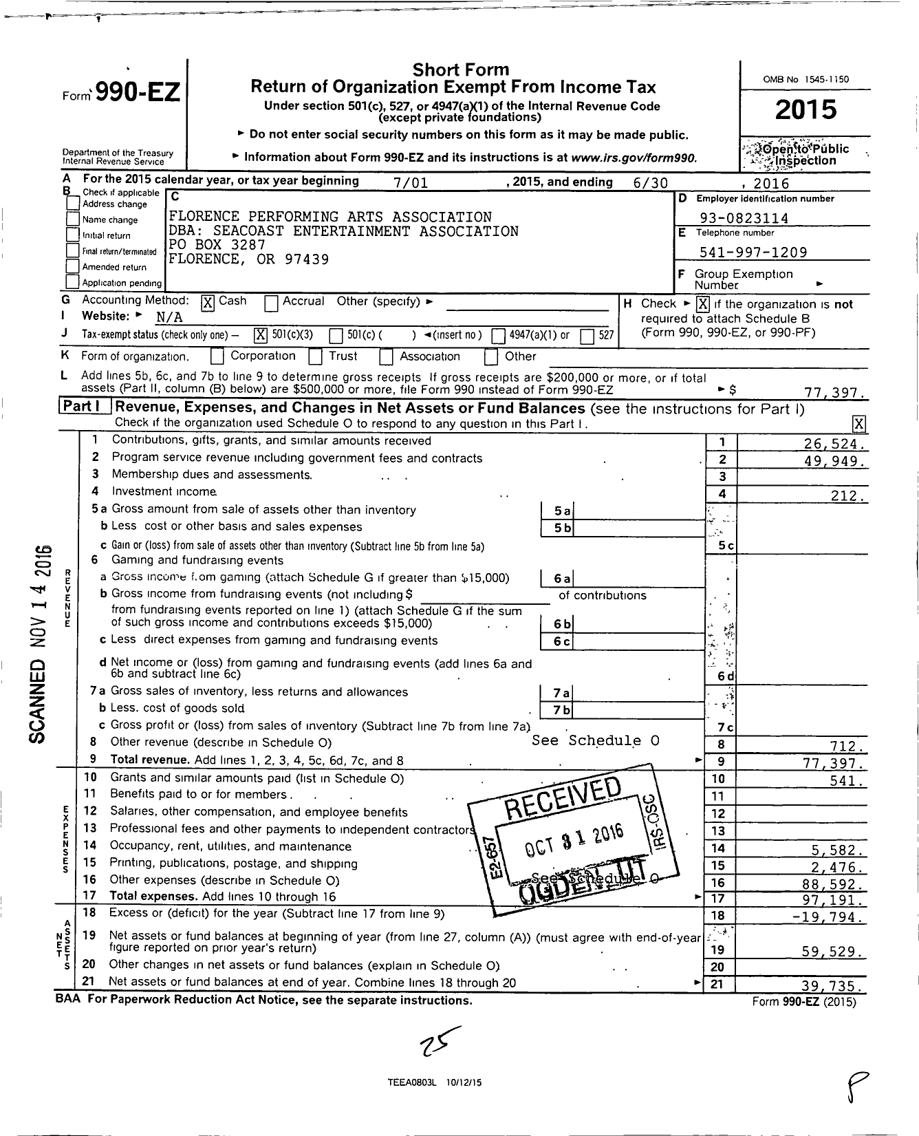 Image of first page of 2015 Form 990EZ for Seacoast Entertainment Association