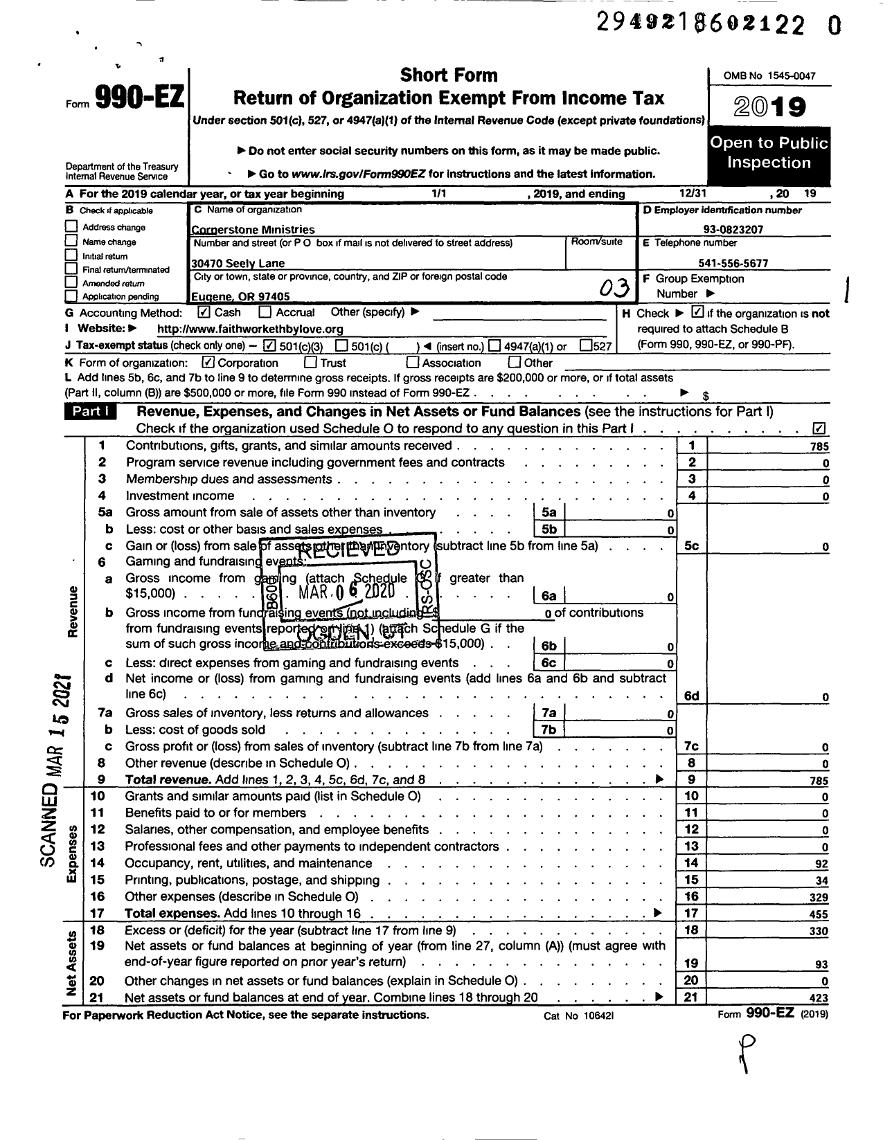 Image of first page of 2019 Form 990EZ for Cornerstone Ministries