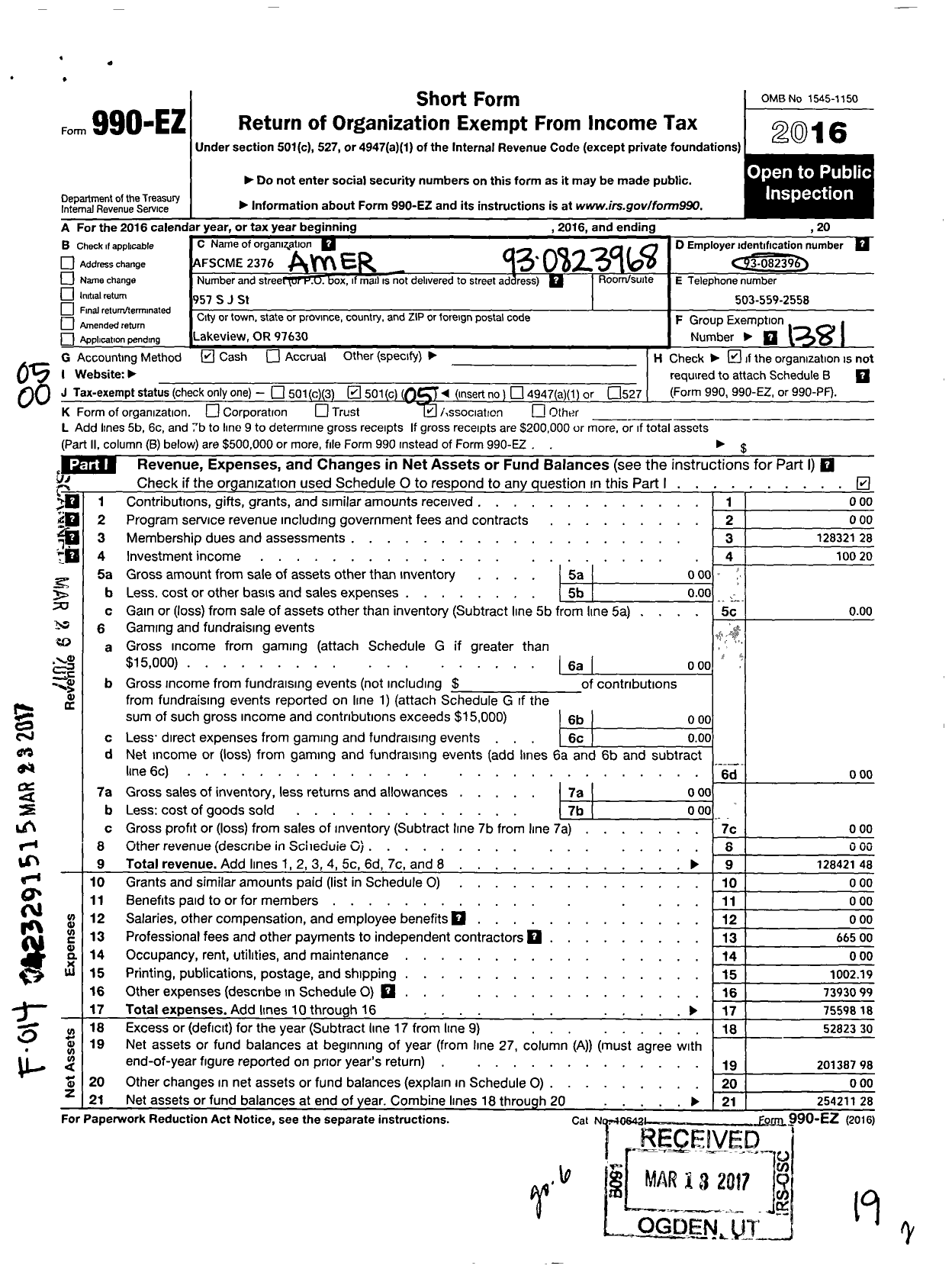 Image of first page of 2016 Form 990EO for American Federation of State County & Municipal Employees - L2376or St Corr Non-Security Emps