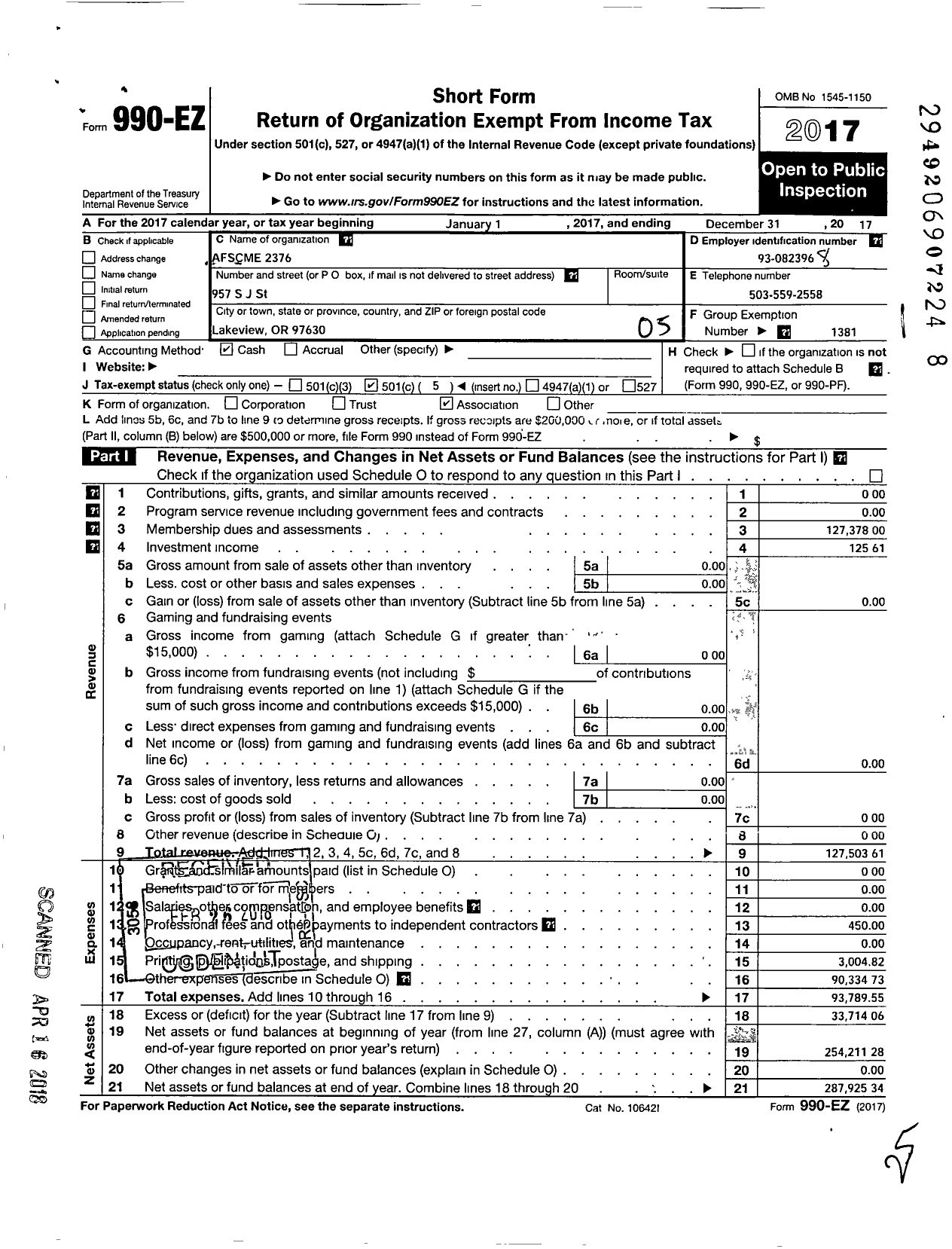 Image of first page of 2017 Form 990EO for American Federation of State County & Municipal Employees - L2376or St Corr Non-Security Emps