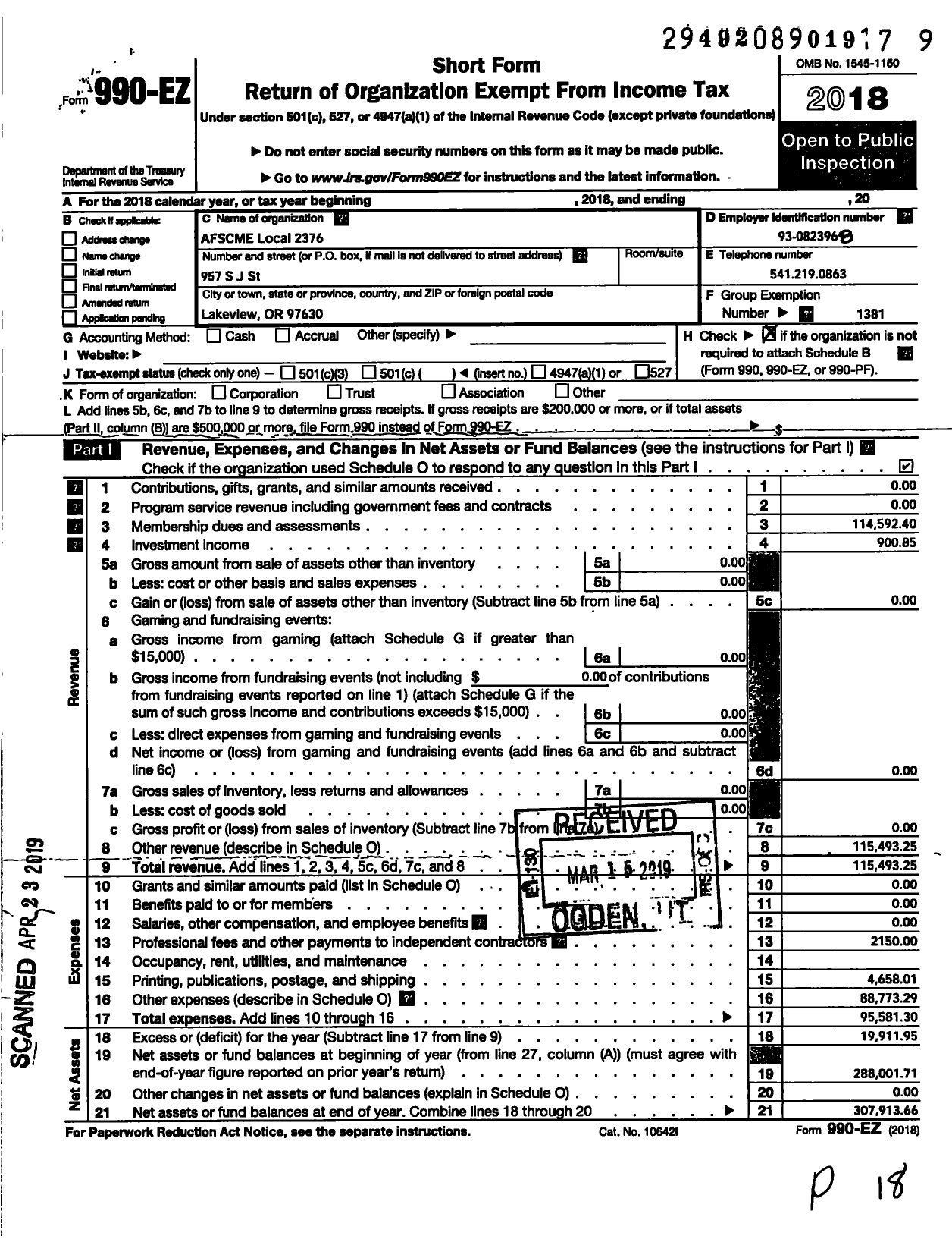 Image of first page of 2018 Form 990EO for American Federation of State County & Municipal Employees - L2376or St Corr Non-Security Emps