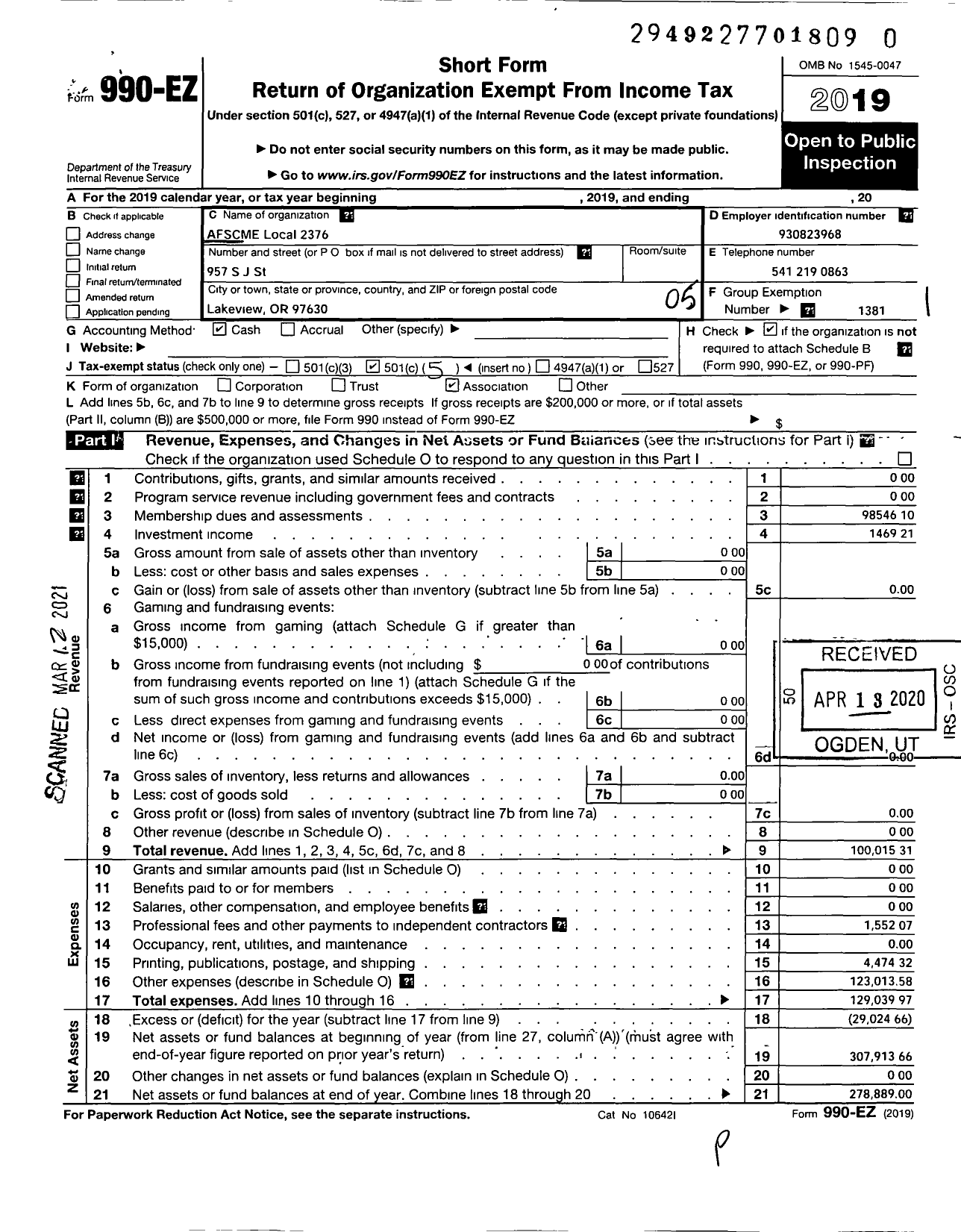 Image of first page of 2019 Form 990EO for American Federation of State County & Municipal Employees - L2376or St Corr Non-Security Emps