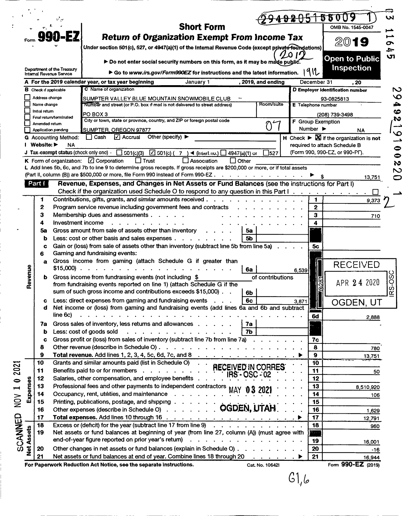 Image of first page of 2019 Form 990EO for Sumpter Valley Snowmobilers