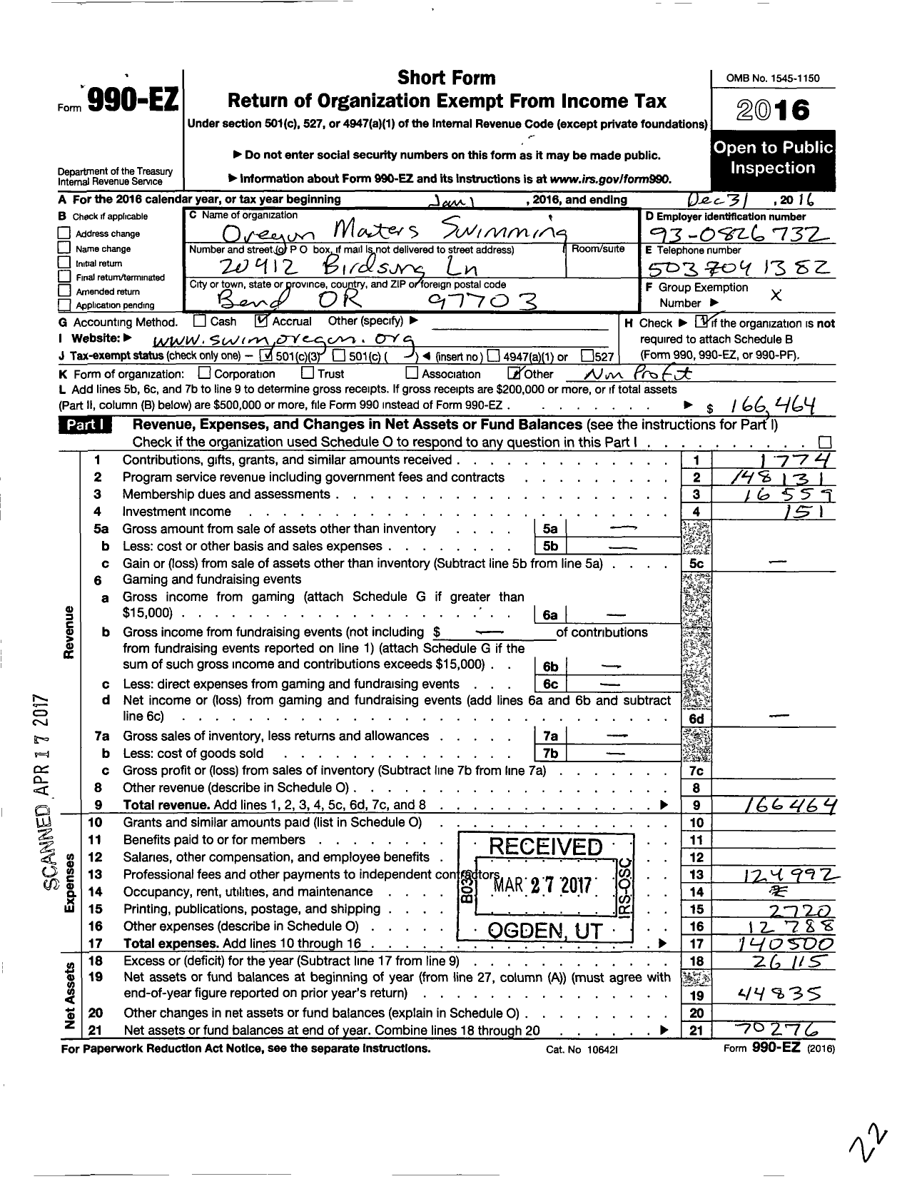 Image of first page of 2016 Form 990EZ for United States Masters Swimming / Oregon Masters Swimming Committee