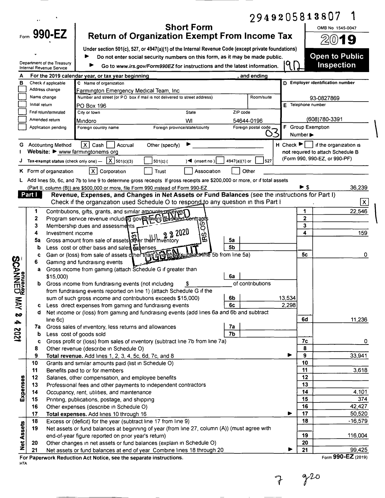 Image of first page of 2019 Form 990EZ for Farmington Emergency Medical Team