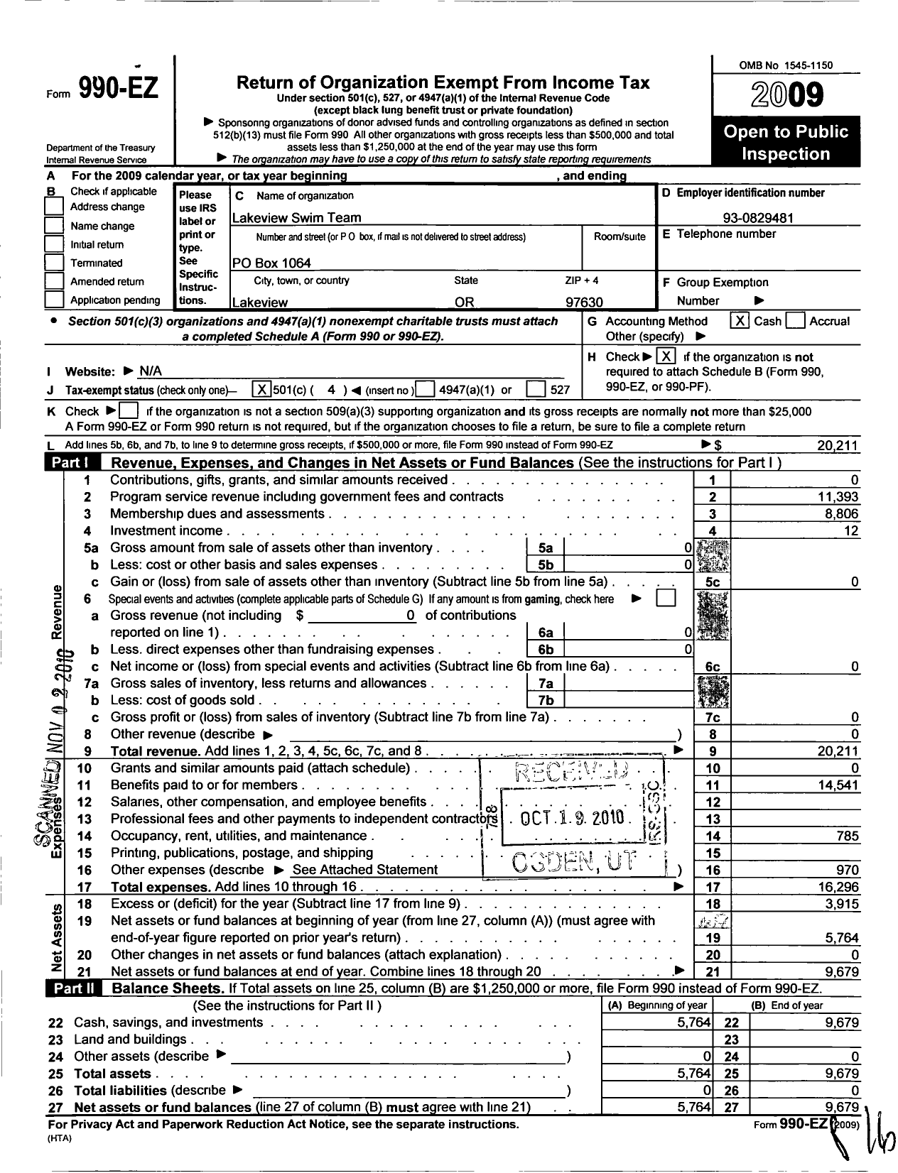 Image of first page of 2009 Form 990EO for Lakeview Swim Team