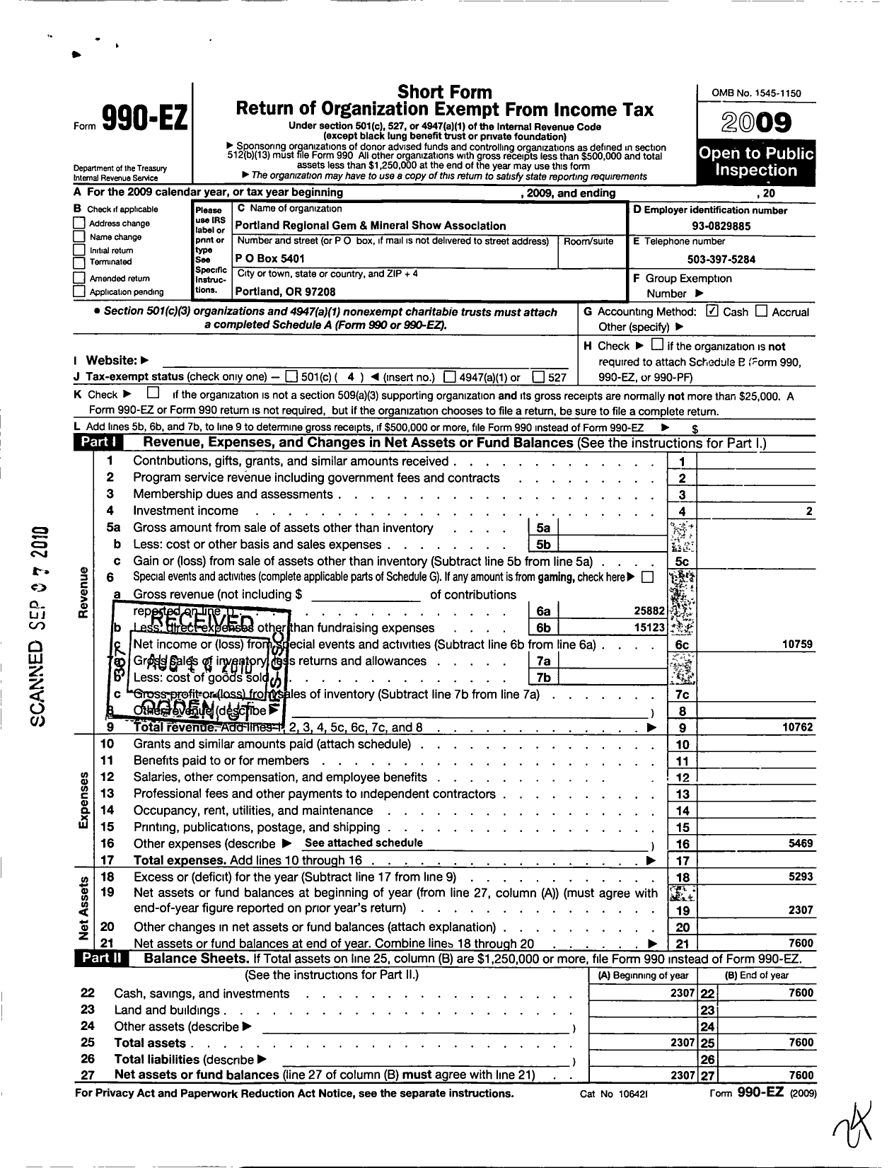 Image of first page of 2009 Form 990EO for Portland Regional Gem and Mineral Show Association