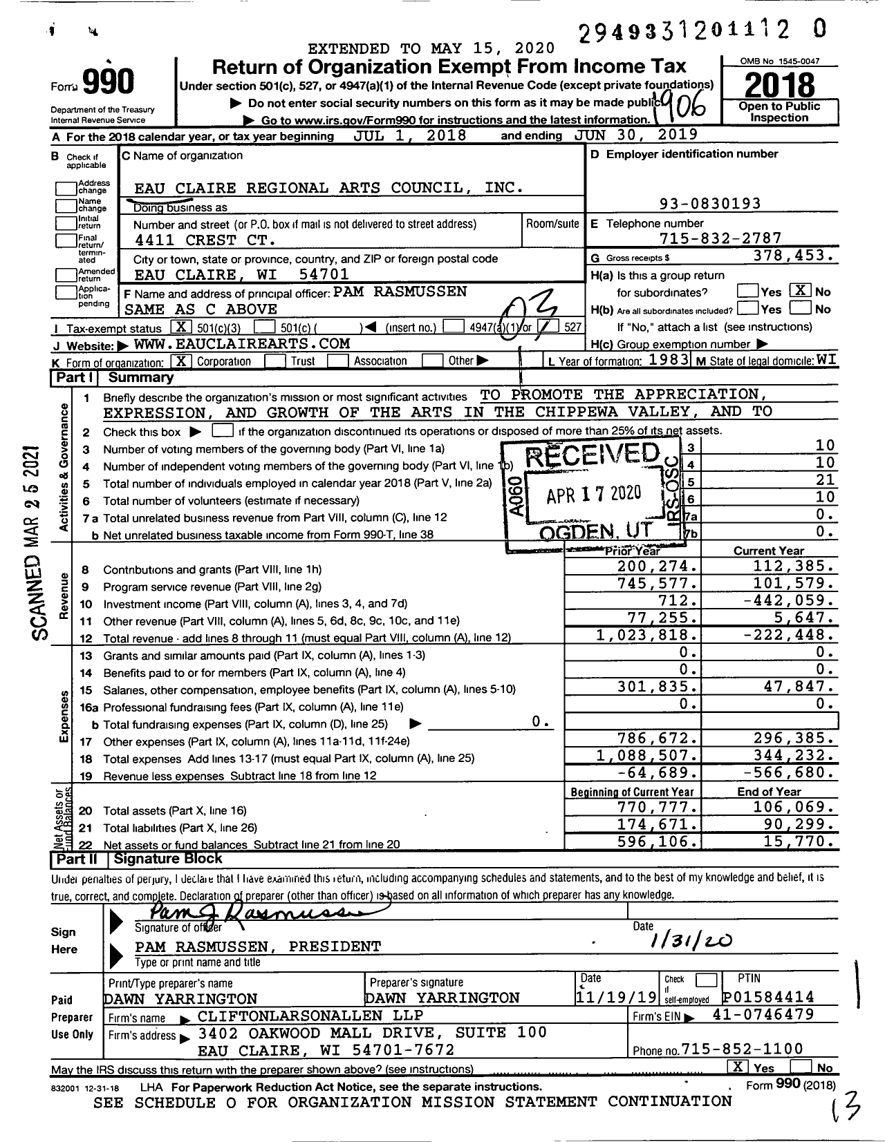 Image of first page of 2018 Form 990 for Eau Claire Regional Arts Center