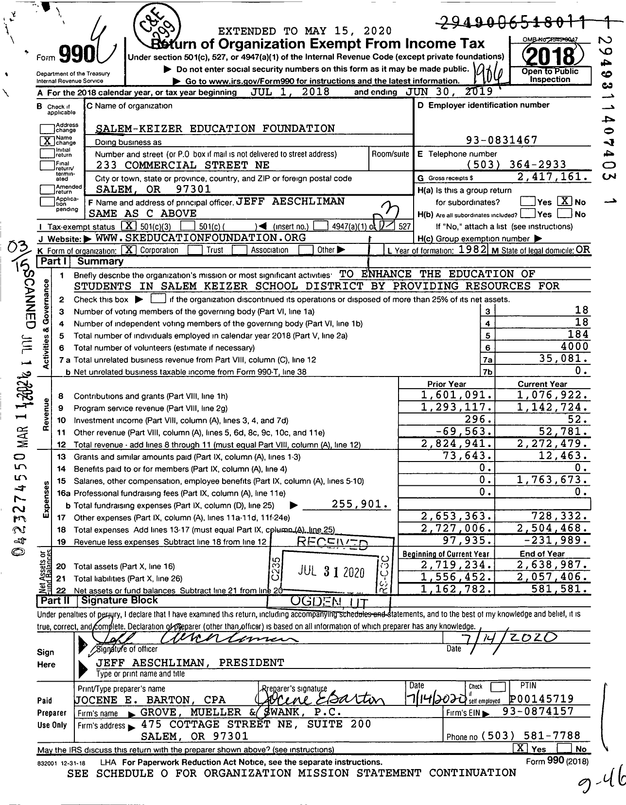 Image of first page of 2018 Form 990 for Salem-Keizer Education Foundation