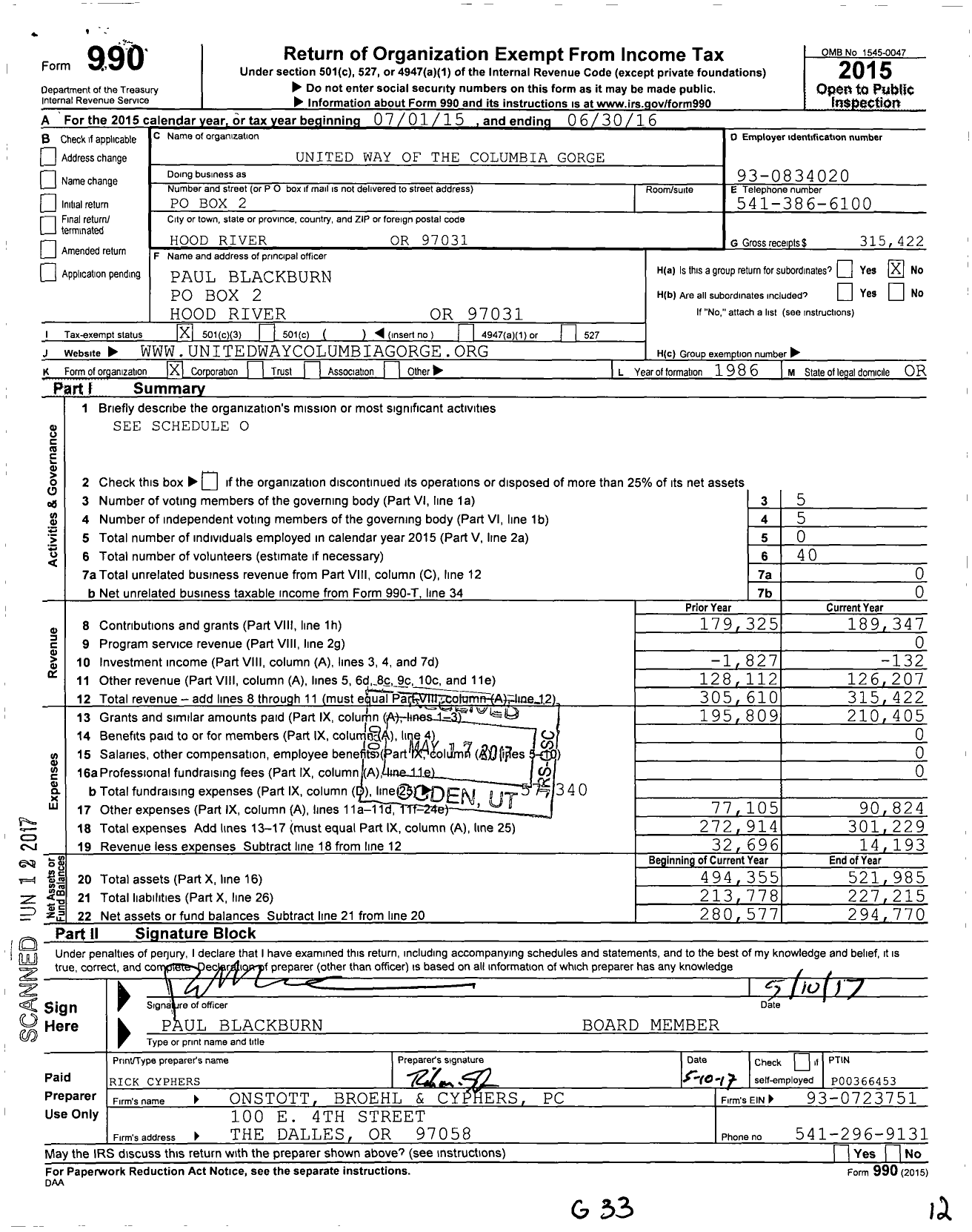 Image of first page of 2015 Form 990 for United Way of the Columbia Gorge