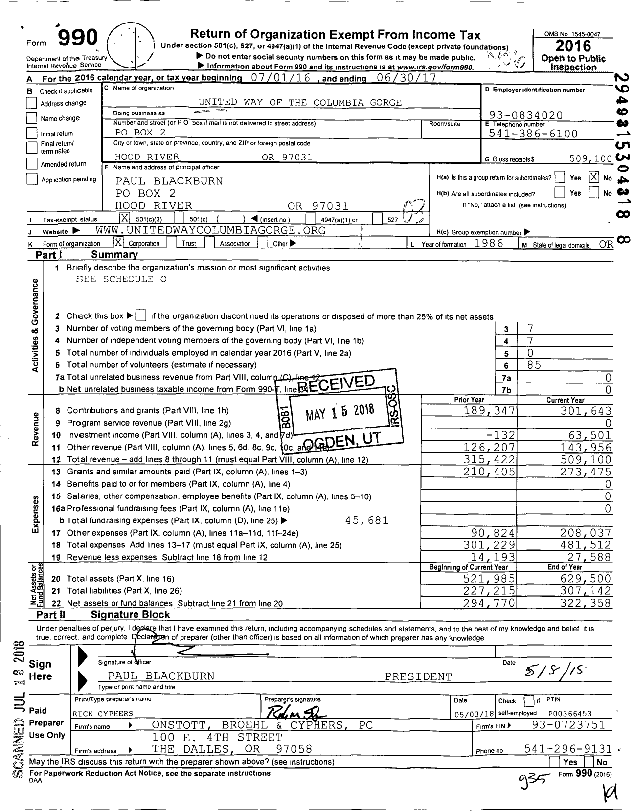Image of first page of 2016 Form 990 for United Way of the Columbia Gorge