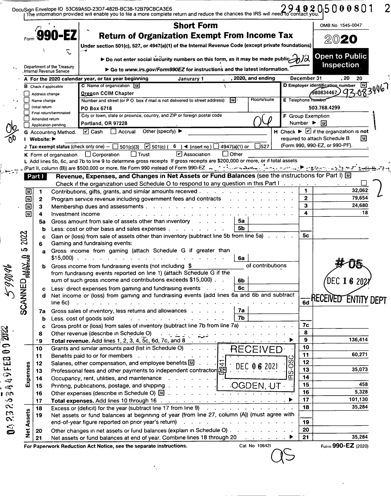 Image of first page of 2020 Form 990EO for Oregon Ccim Chapter of the Realtors National Marketing Institute