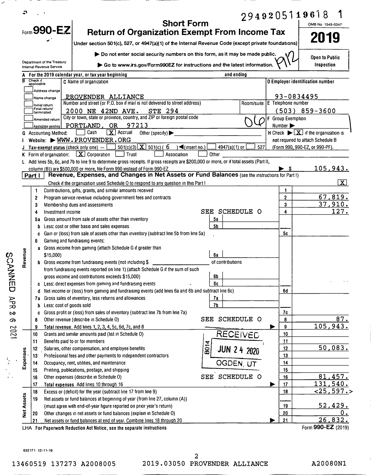 Image of first page of 2019 Form 990EO for Provender Alliance