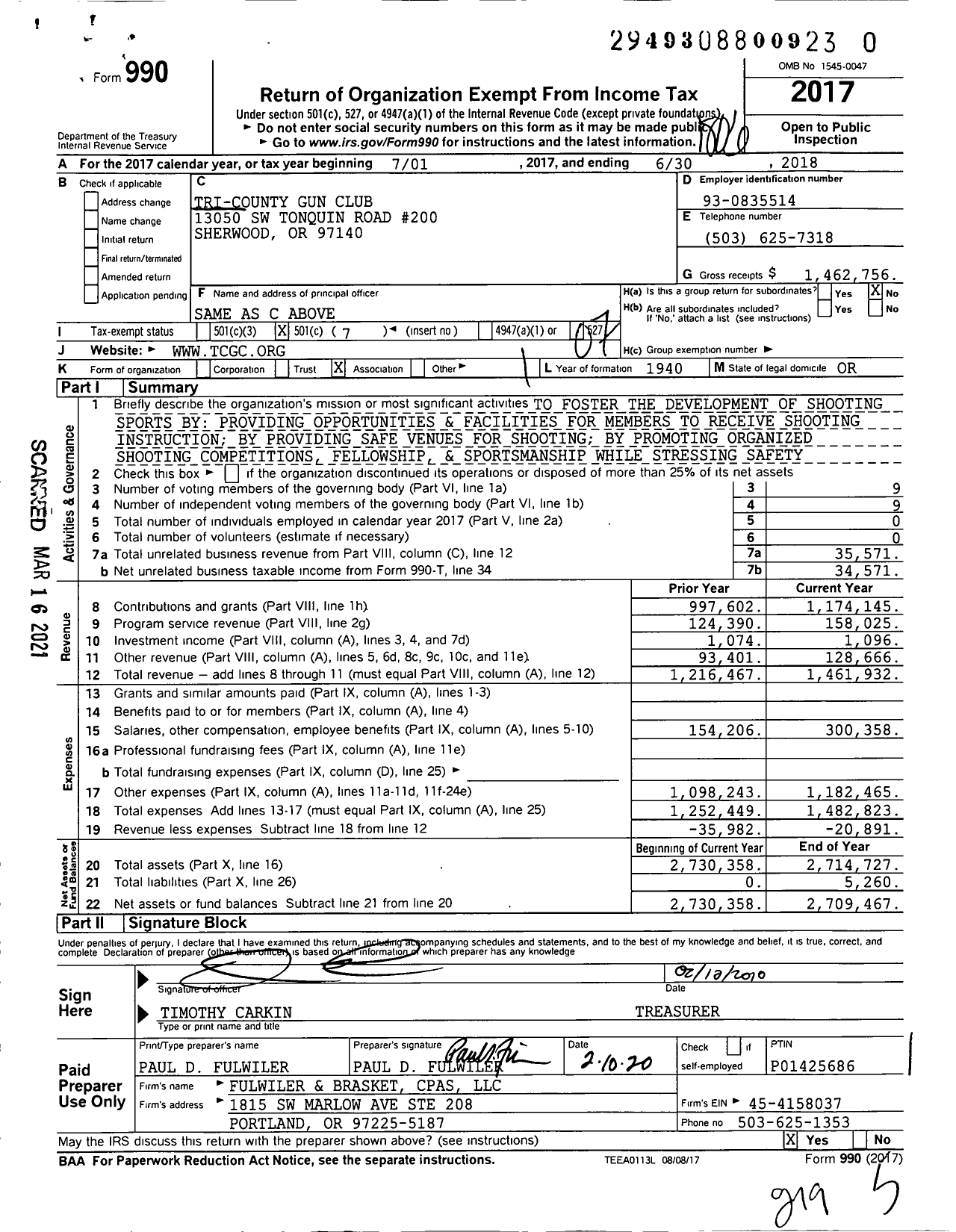 Image of first page of 2017 Form 990O for Tri-County Gun Club