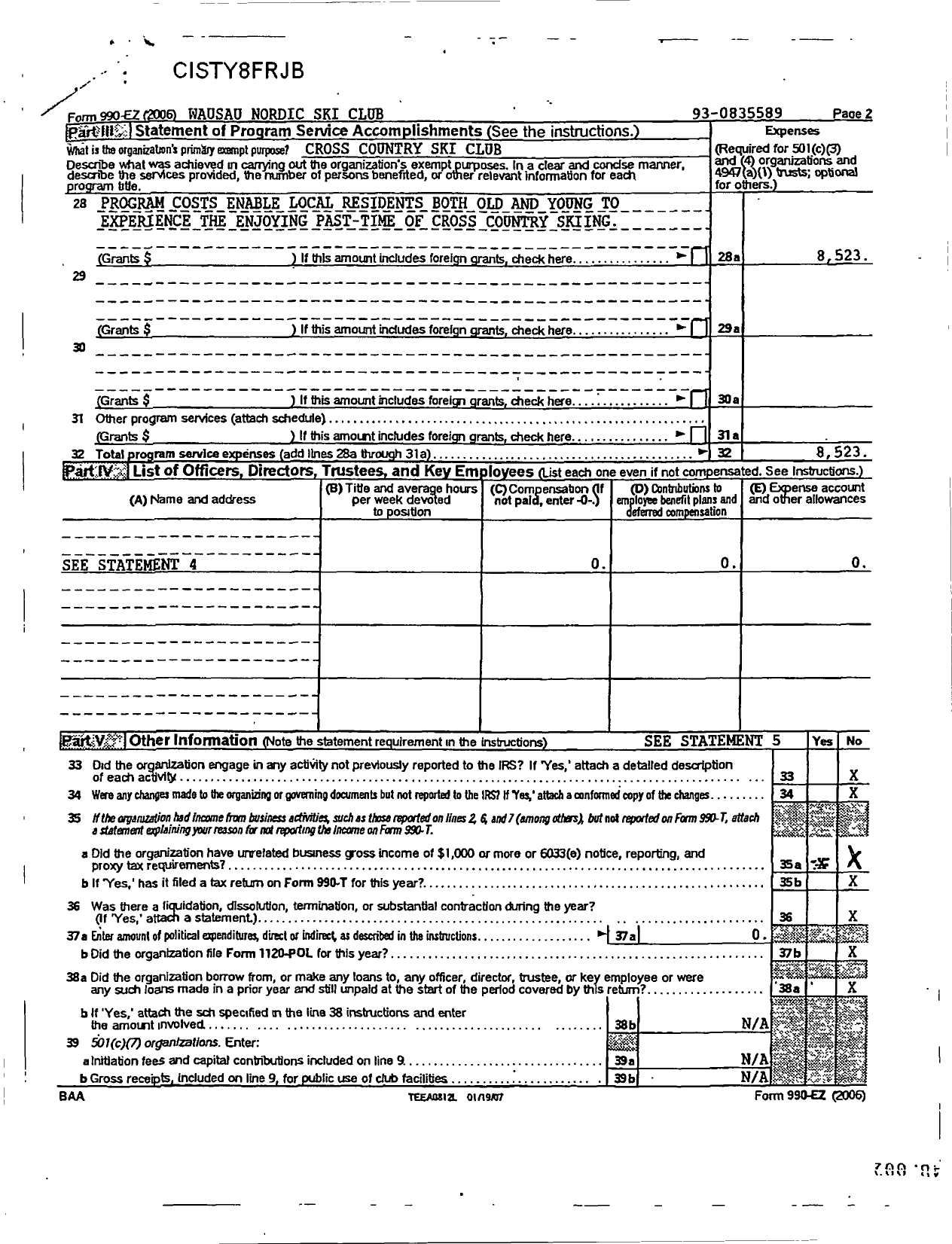 Image of first page of 2006 Form 990ER for Wausau Nordic Ski Club