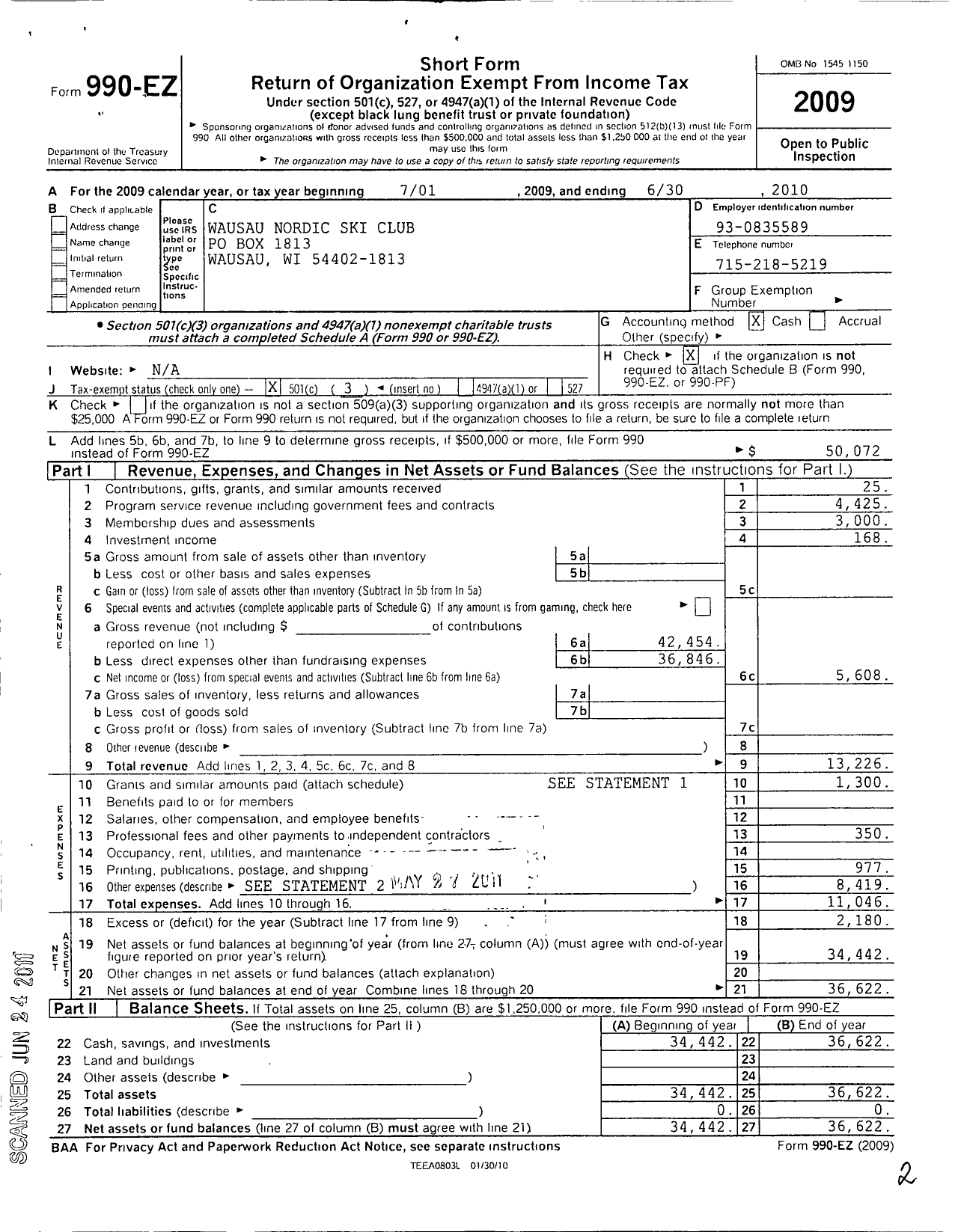 Image of first page of 2009 Form 990EZ for Wausau Nordic Ski Club