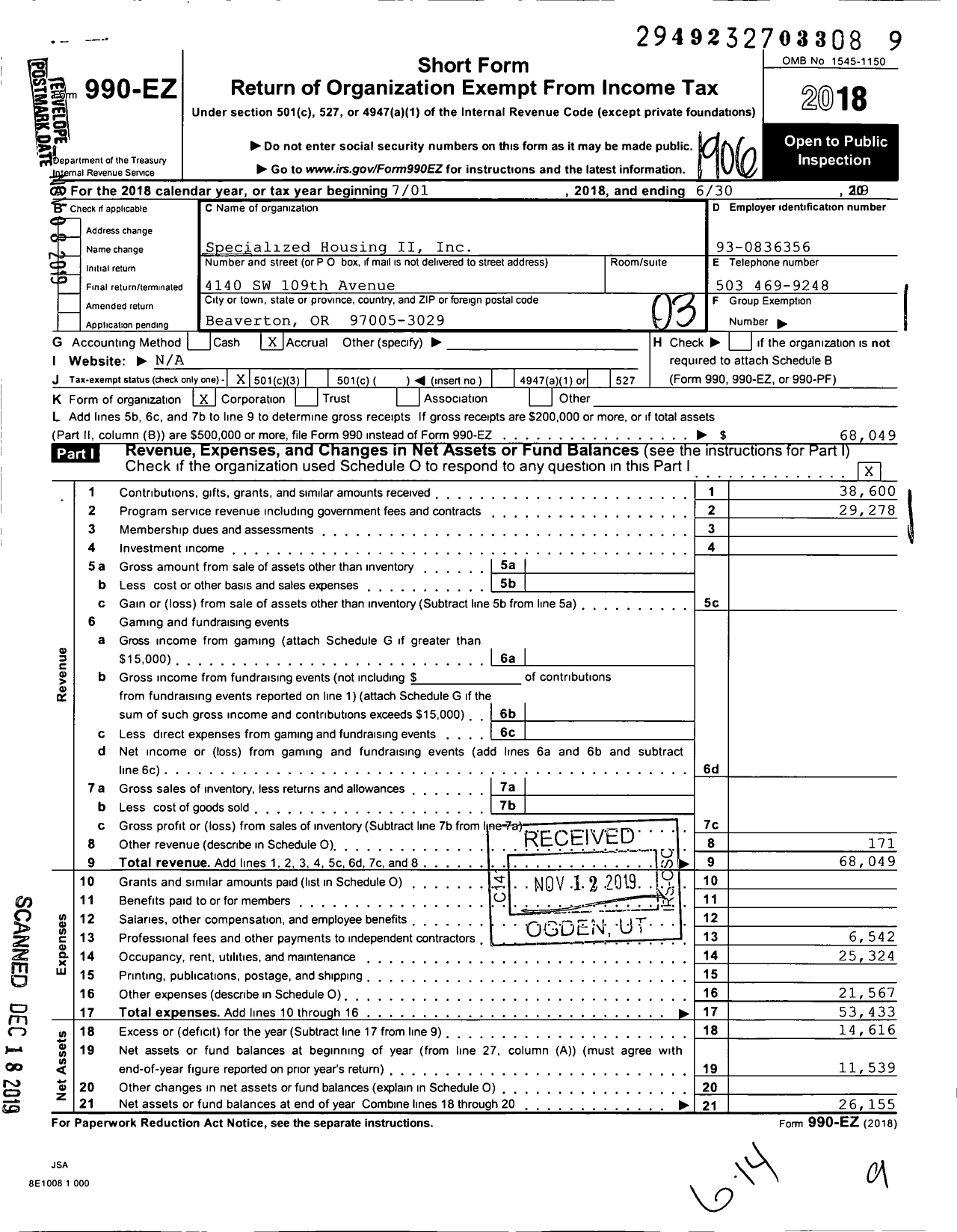 Image of first page of 2018 Form 990EZ for Specialized Housing II