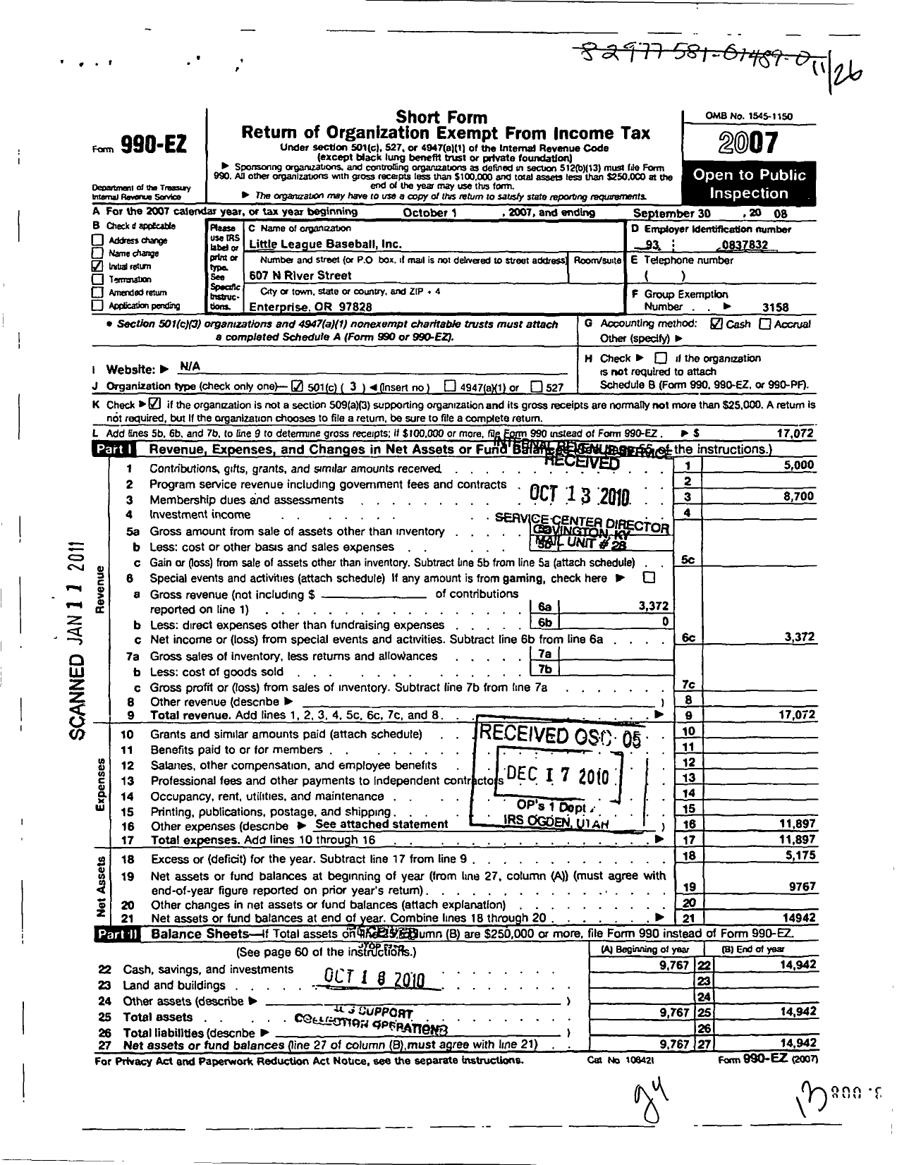 Image of first page of 2007 Form 990EZ for Little League Baseball - 4370324 Wallowa Valley LL