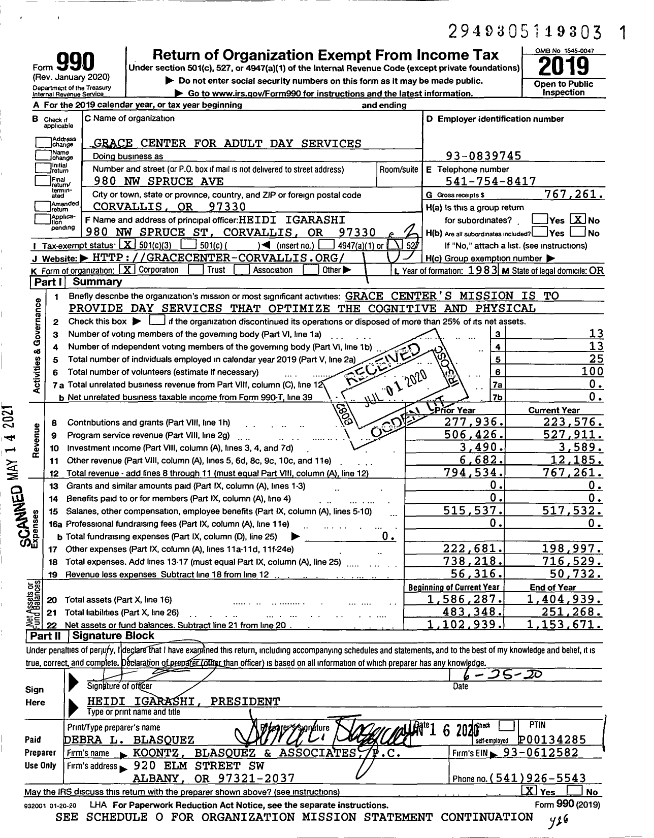 Image of first page of 2019 Form 990 for Grace Center for Adult Day Services