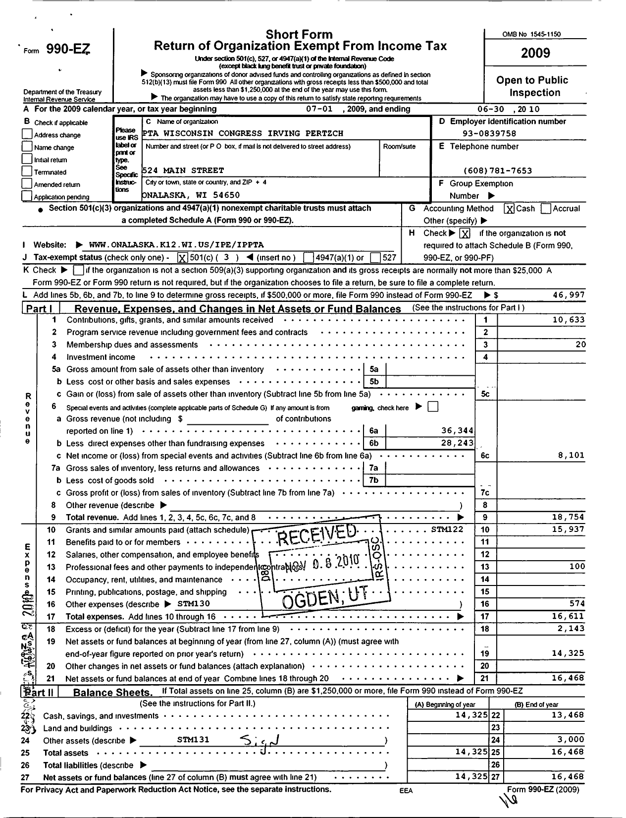 Image of first page of 2009 Form 990EZ for PTA Wisconsin Congress / Irving Pertzsch School